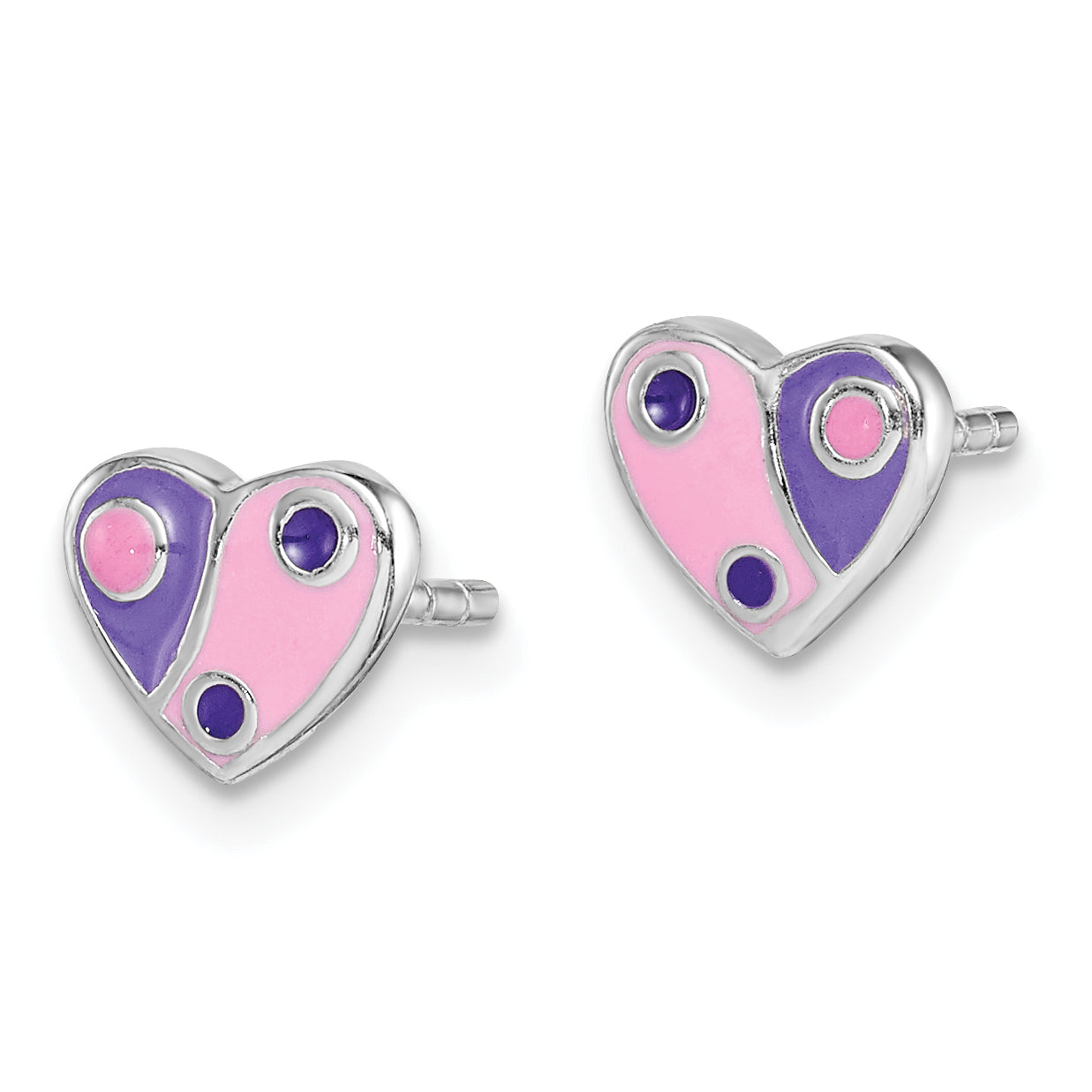 Sterling Silver Rhodium-plated Polished Pink & Purple Enameled Heart Children's Post Earrings Secondary image