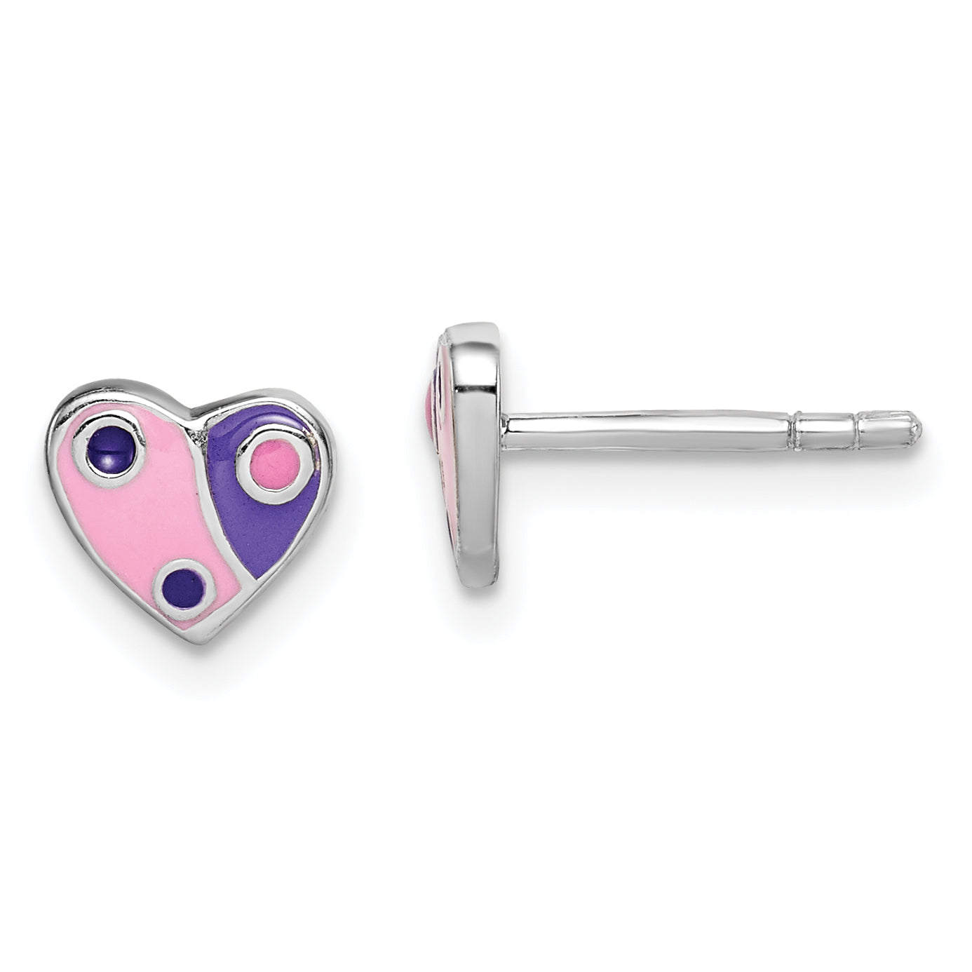 Sterling Silver Rhodium-plated Polished Pink & Purple Enameled Heart Children's Post Earrings Main image