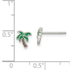 Sterling Silver Rhodium-plated Polished Enameled Palm Tree Post Earrings