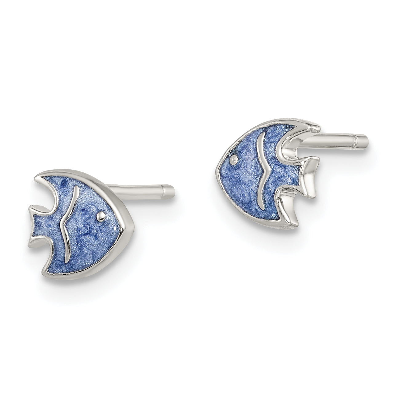 Sterling Silver Rhodium-plated Polished Blue Enameled Fish Childs Post Earrings Secondary image