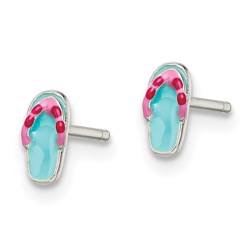 Sterling Silver Polished Teal & Pink Enameled Flip Flop Children's Post Earrings Secondary image