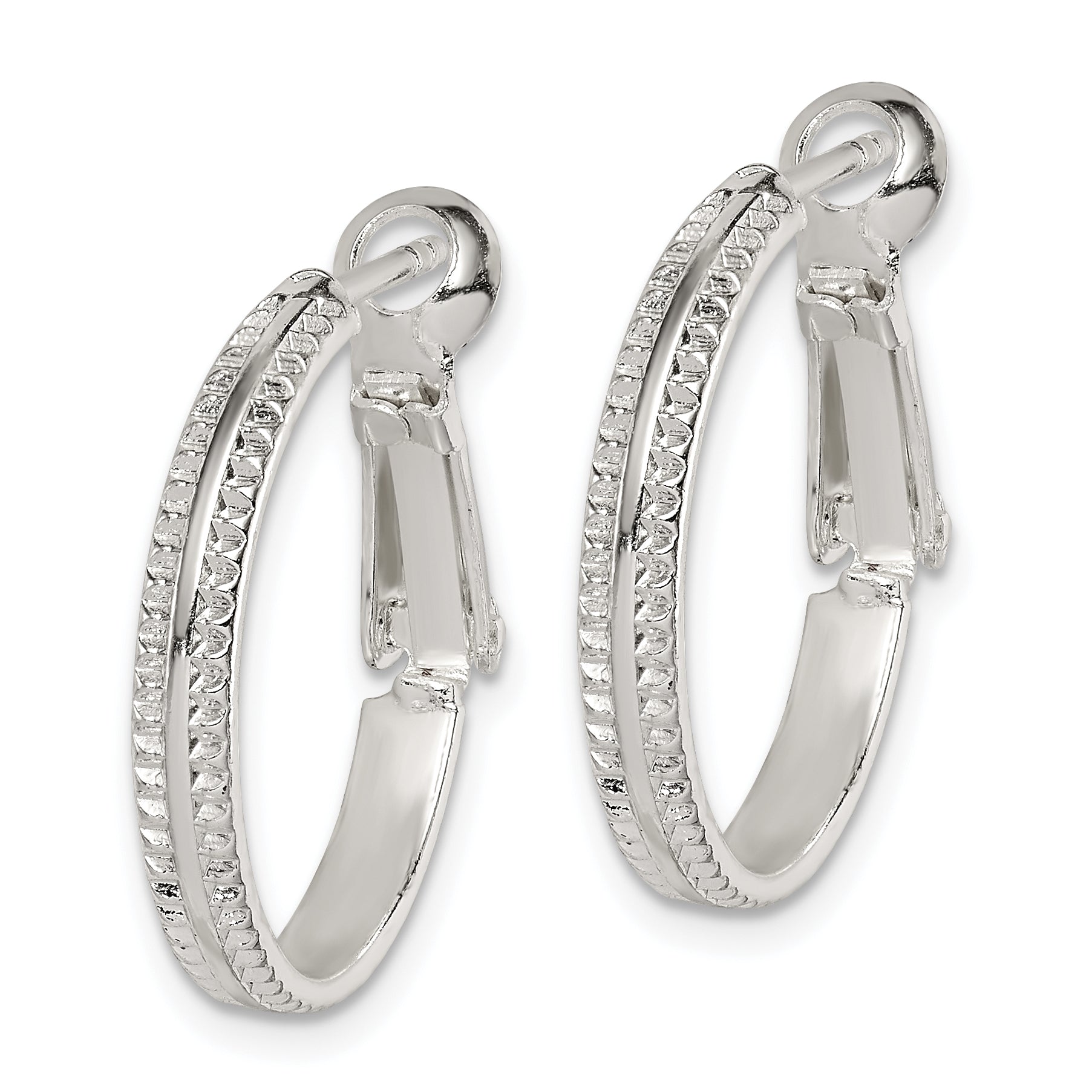 Sterling Silver Milgrain 2x20mm Omega Back Round Hoop Earrings Secondary image