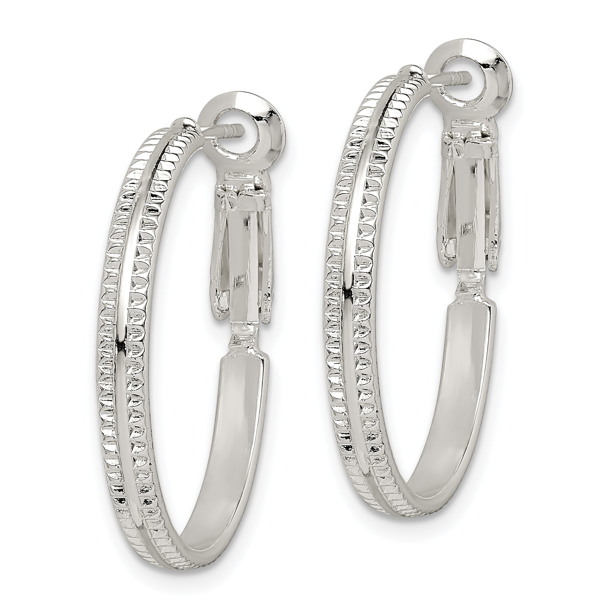 Sterling Silver Milgrain 2.25x25mm Omega Back Round Hoop Earrings Secondary image