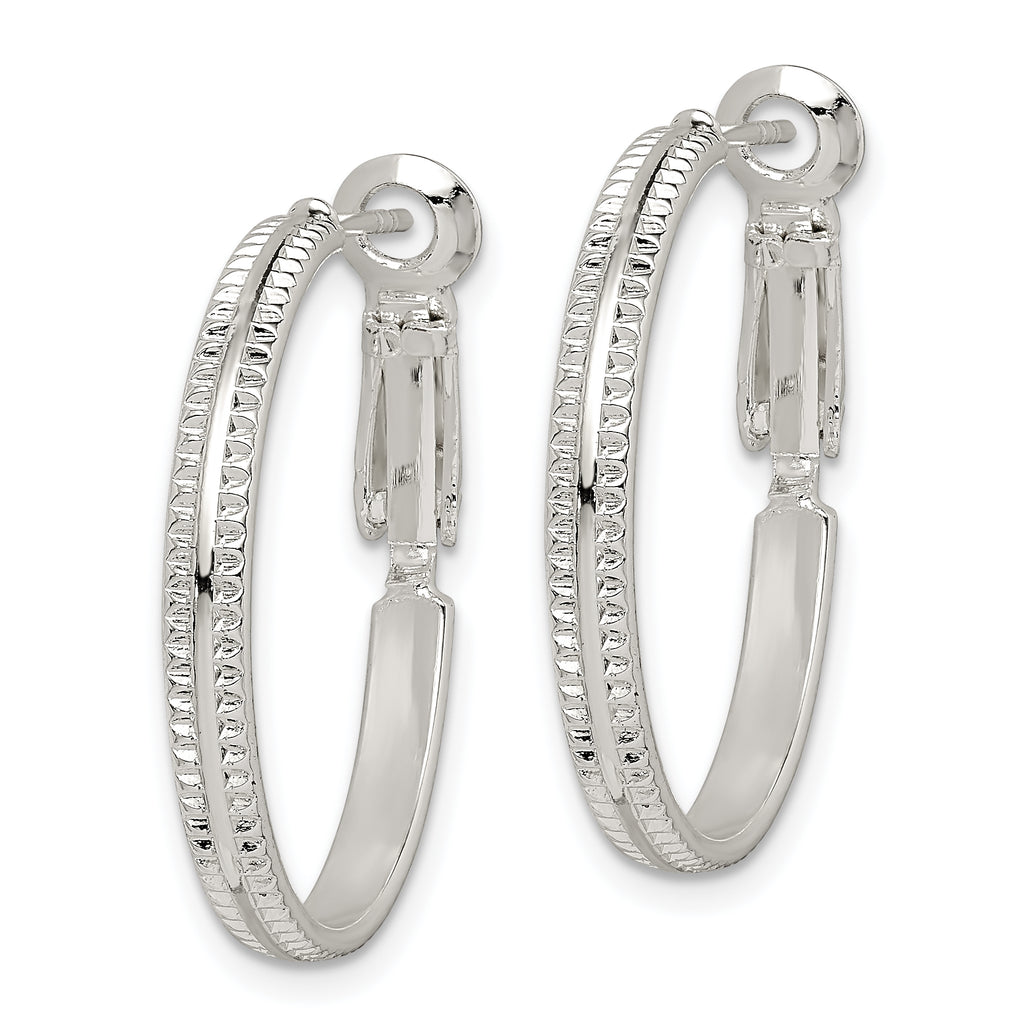 Sterling Silver Milgrain 2.25x25mm Omega Back Round Hoop Earrings
