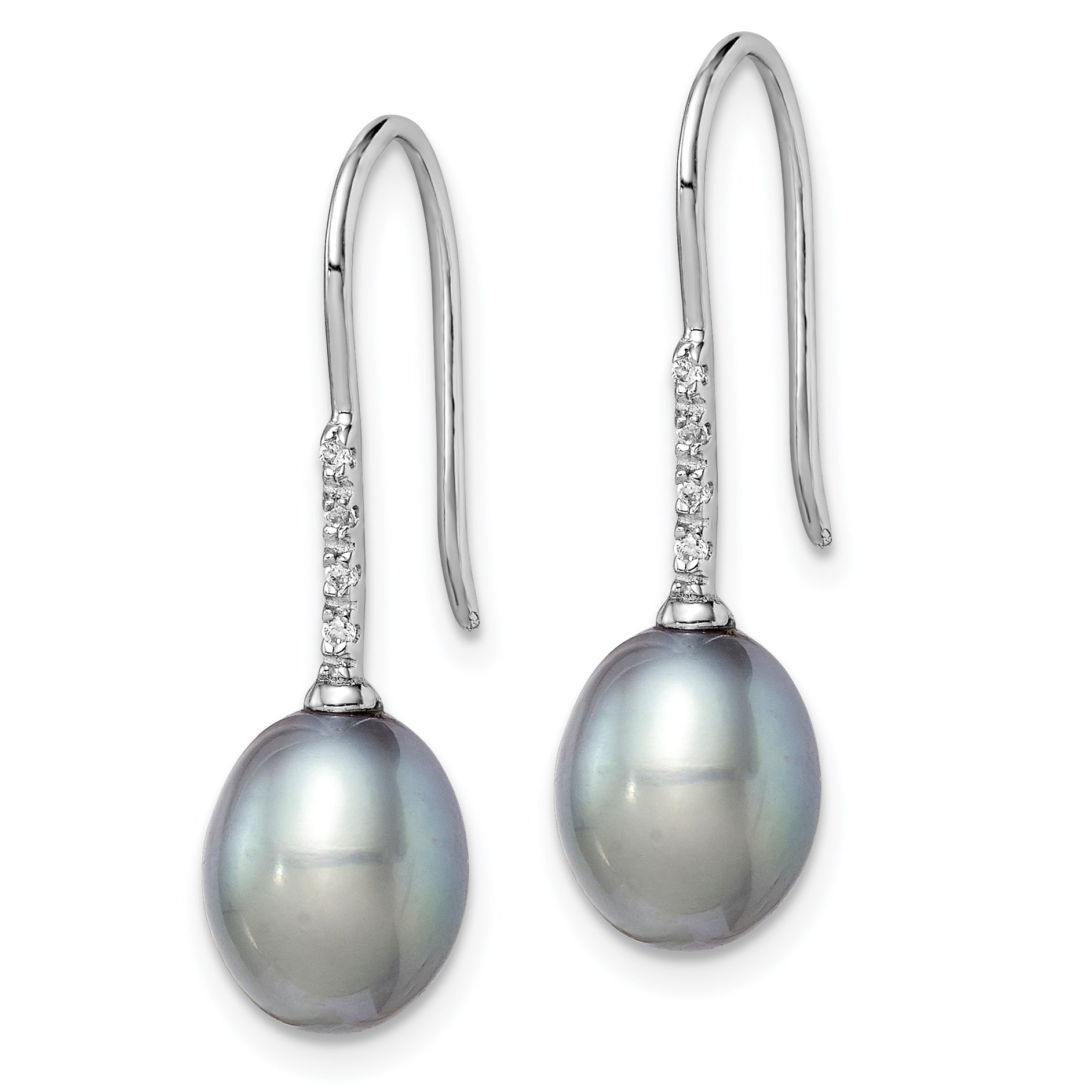 Sterling Silver Rhodium-plated Polished 7-8mm Grey Freshwater Cultured Pearl & CZ Dangle Earrings Secondary image