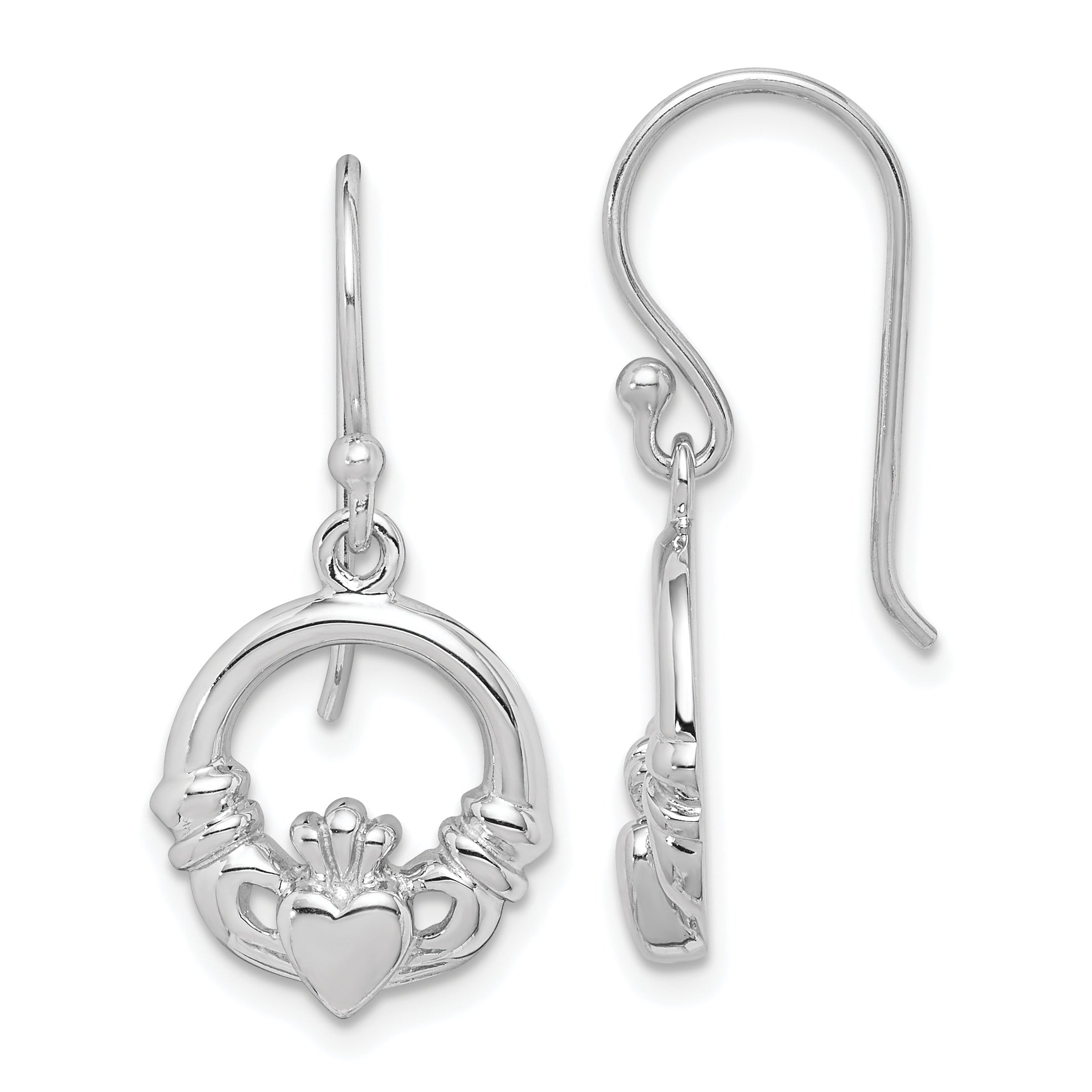 Sterling Silver Rhodium-plated Polished Claddagh Dangle Earrings Main image