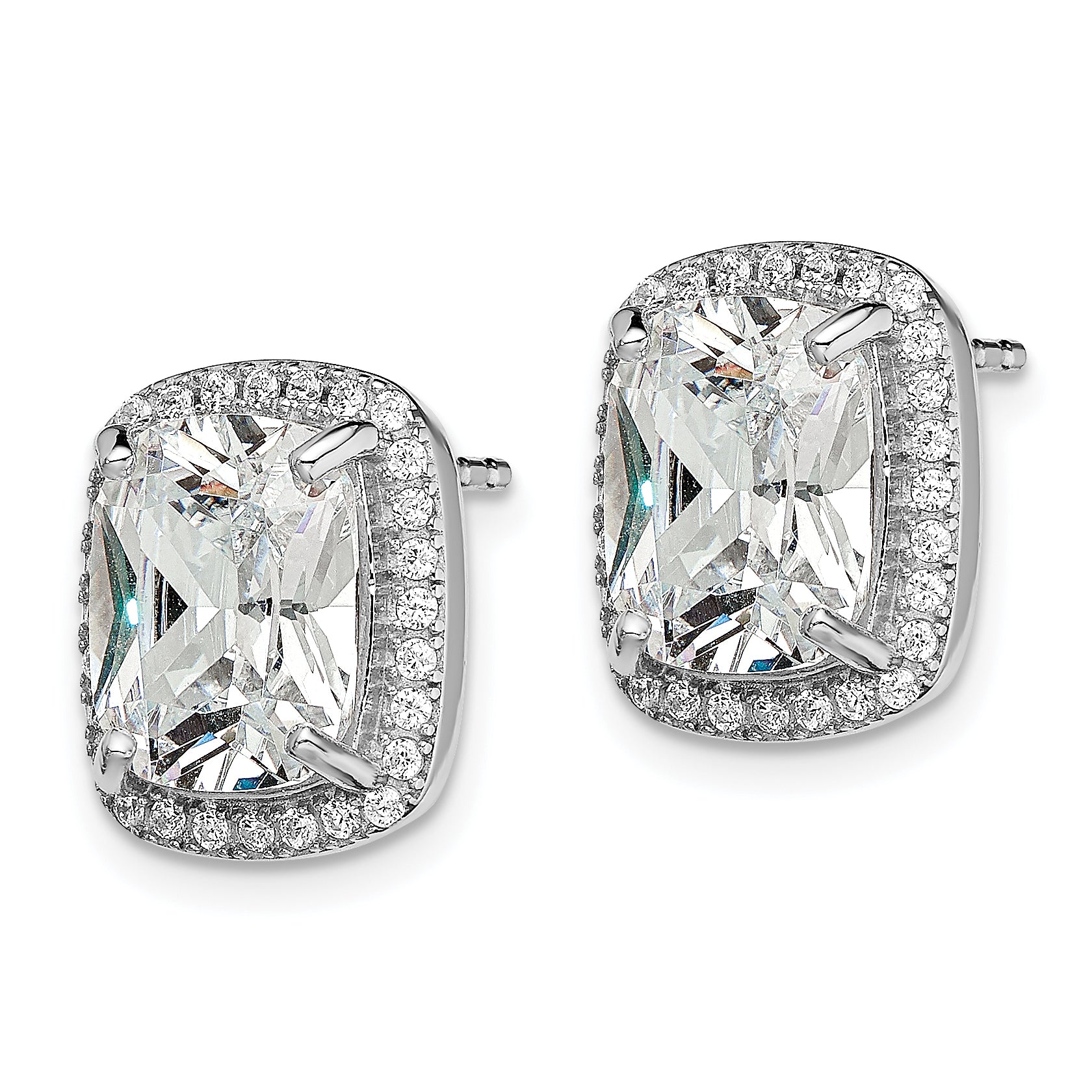 Sterling Silver RH-plated Polished 10x8mm Cushion CZ Halo Post Earrings Secondary image