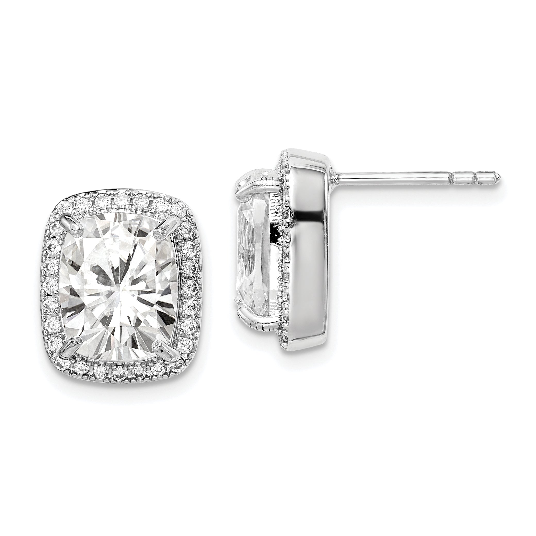 Sterling Silver RH-plated Polished 10x8mm Cushion CZ Halo Post Earrings Main image