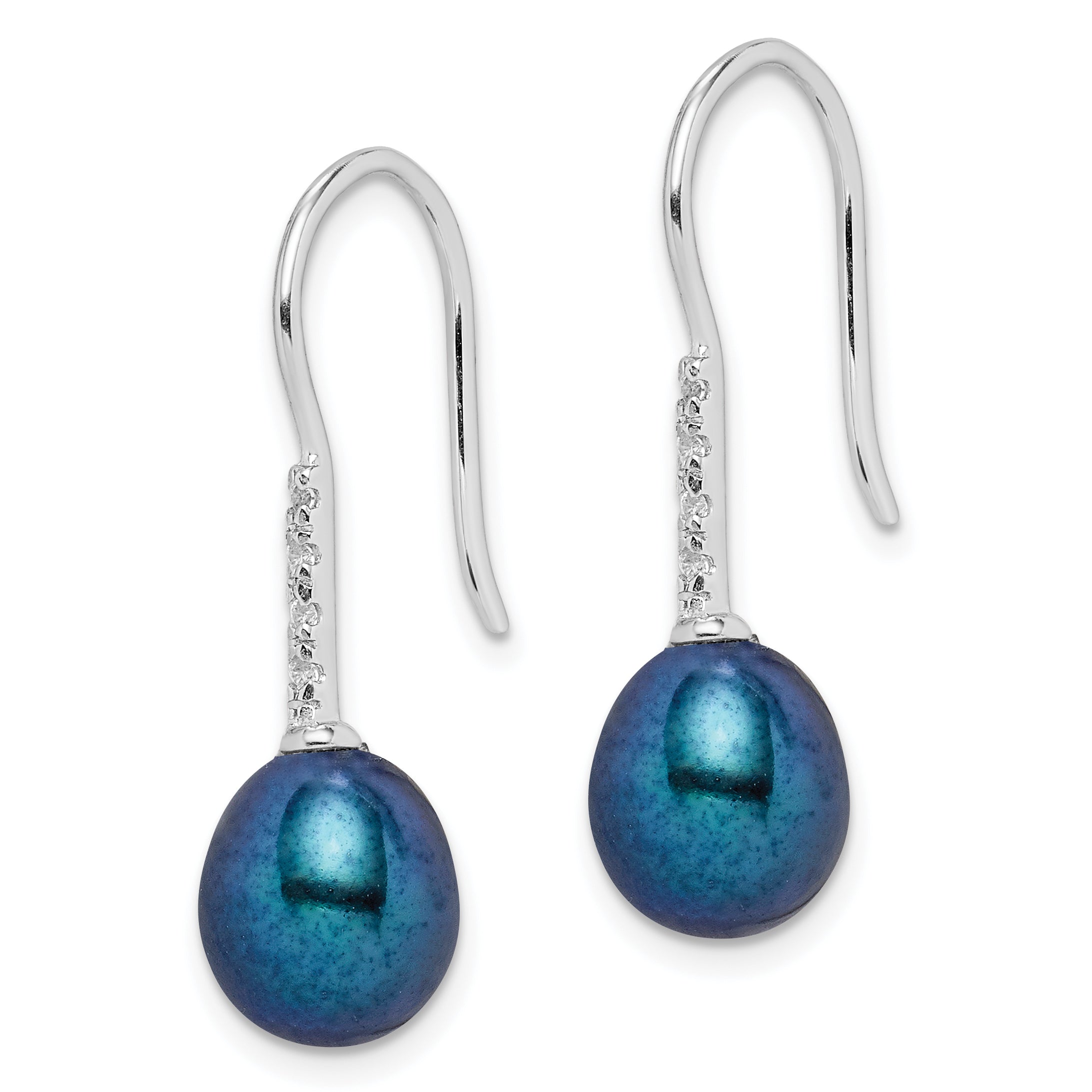 Sterling Silver Rhodium-plated Polished 7-8mm Black Freshwater Cultured Pearl & CZ Dangle Earrings Secondary image