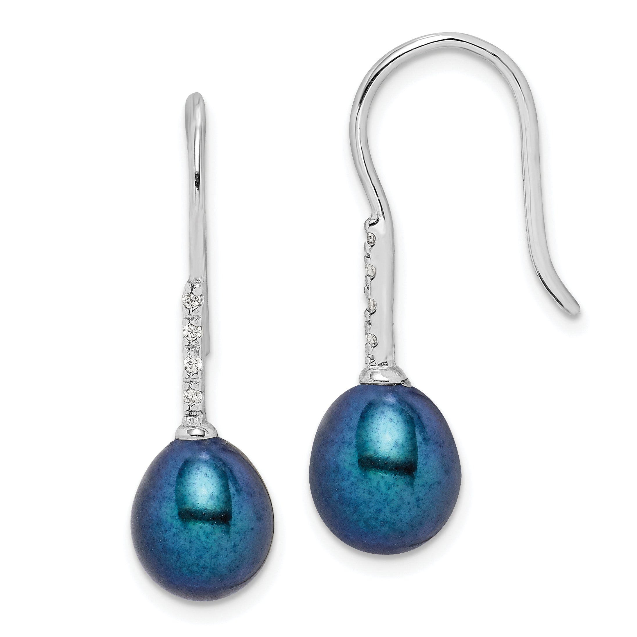 Sterling Silver Rhodium-plated Polished 7-8mm Black Freshwater Cultured Pearl & CZ Dangle Earrings Main image