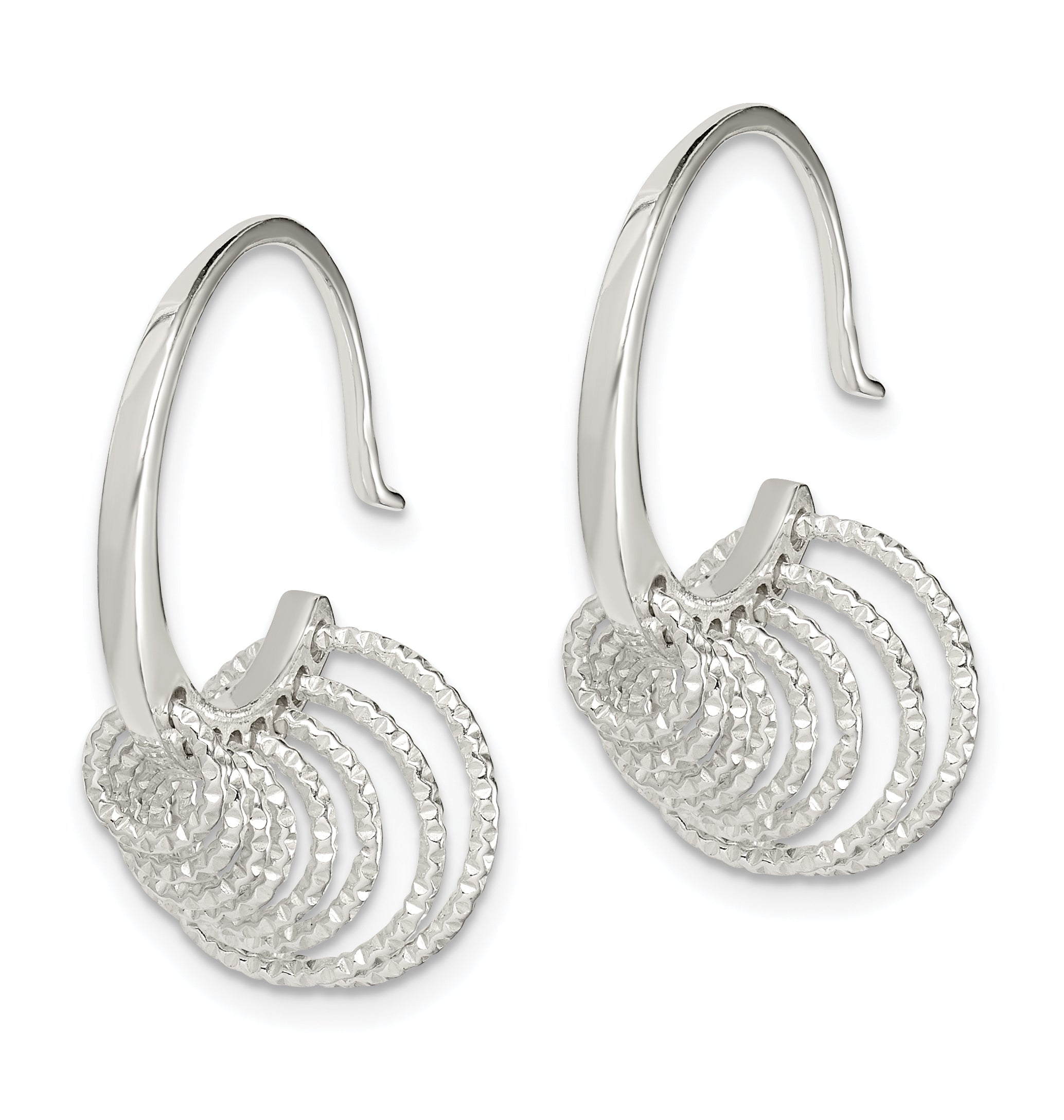 Sterling Silver Polished & Diamond-cut Circles Dangle Hoop Earrings Secondary image