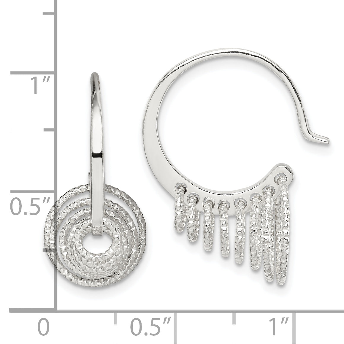 Sterling Silver Polished & Diamond-cut Circles Dangle Hoop Earrings