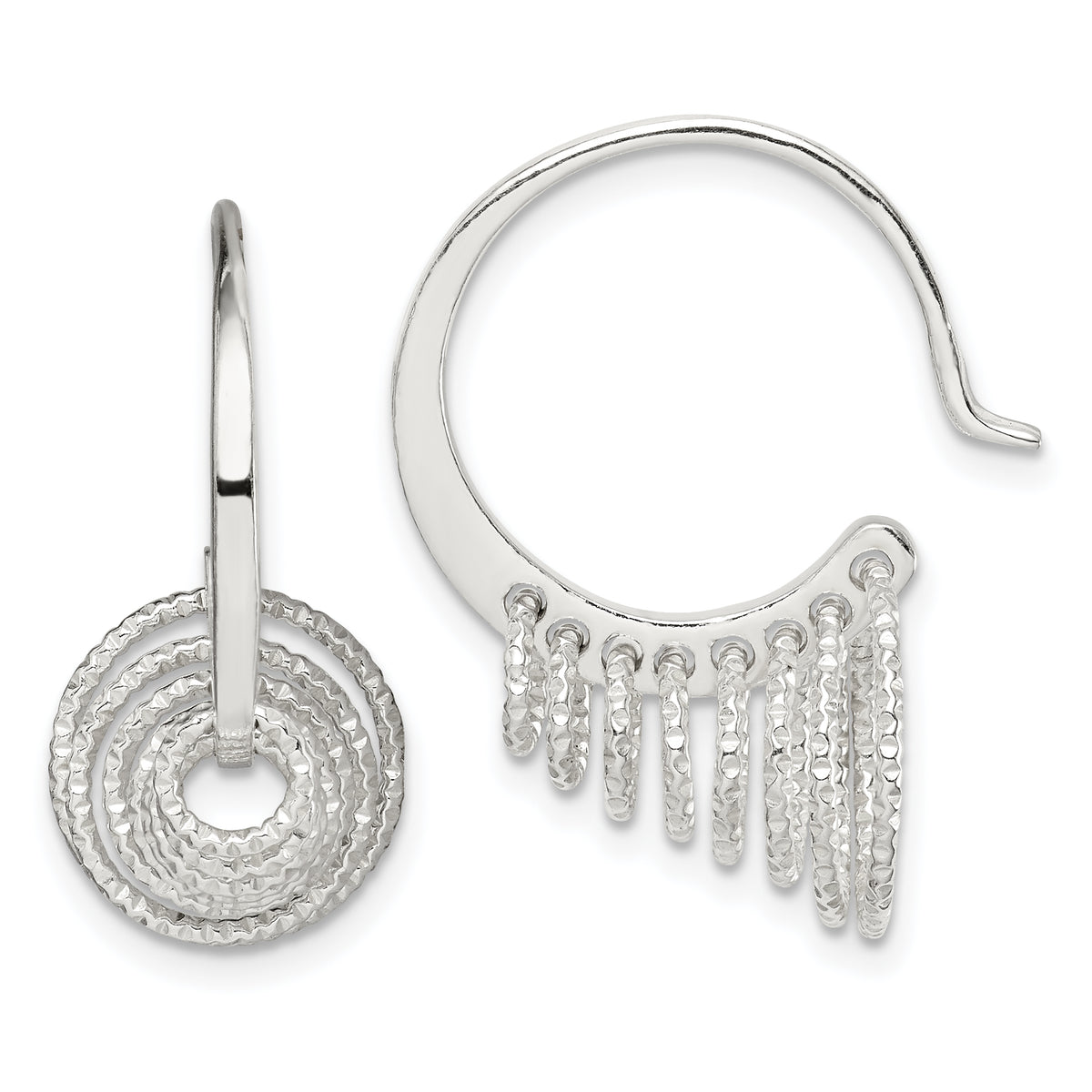Sterling Silver Polished & Diamond-cut Circles Dangle Hoop Earrings