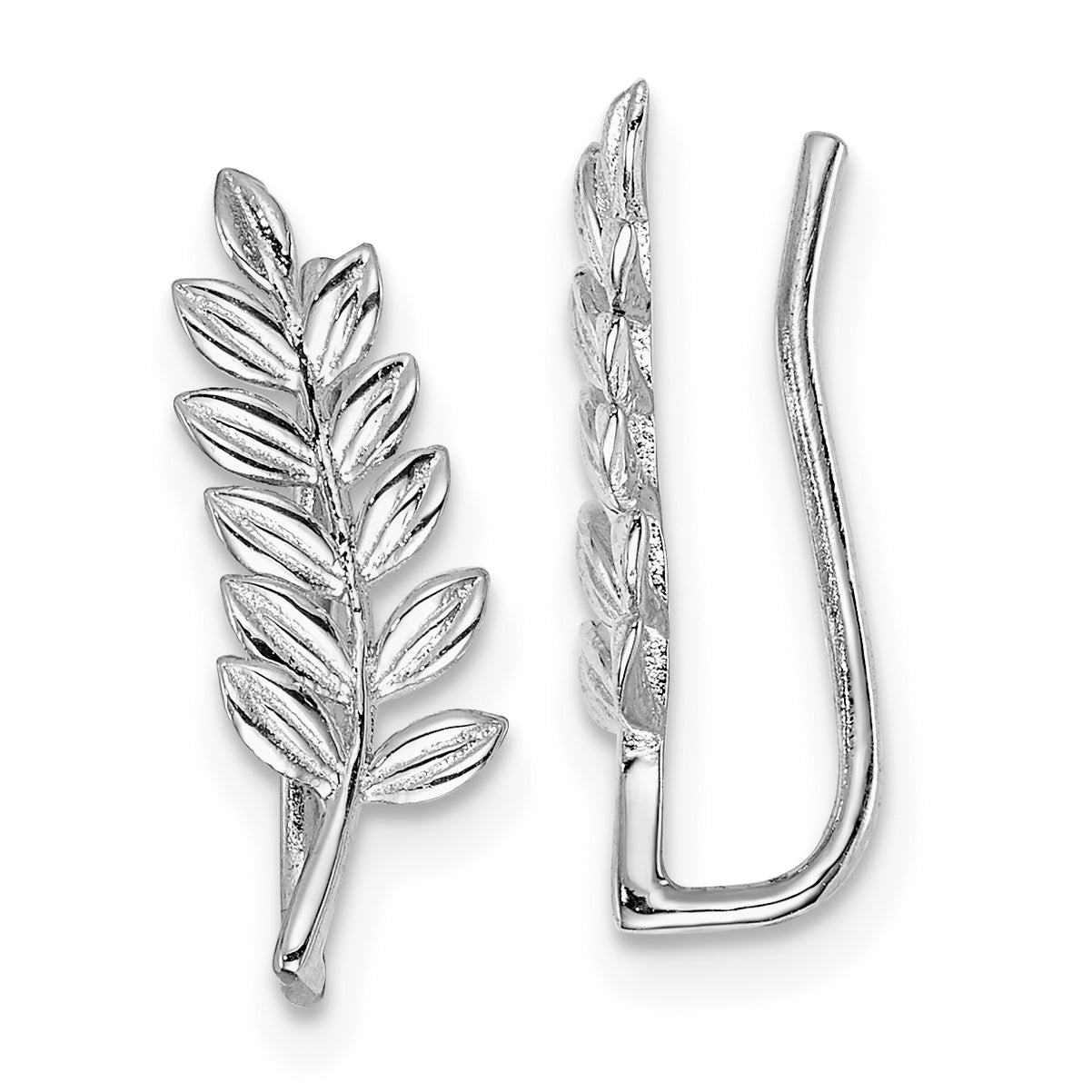 Sterling Silver Rhodium-plated Polished & Textured Leaf Ear Climber Earring Main image