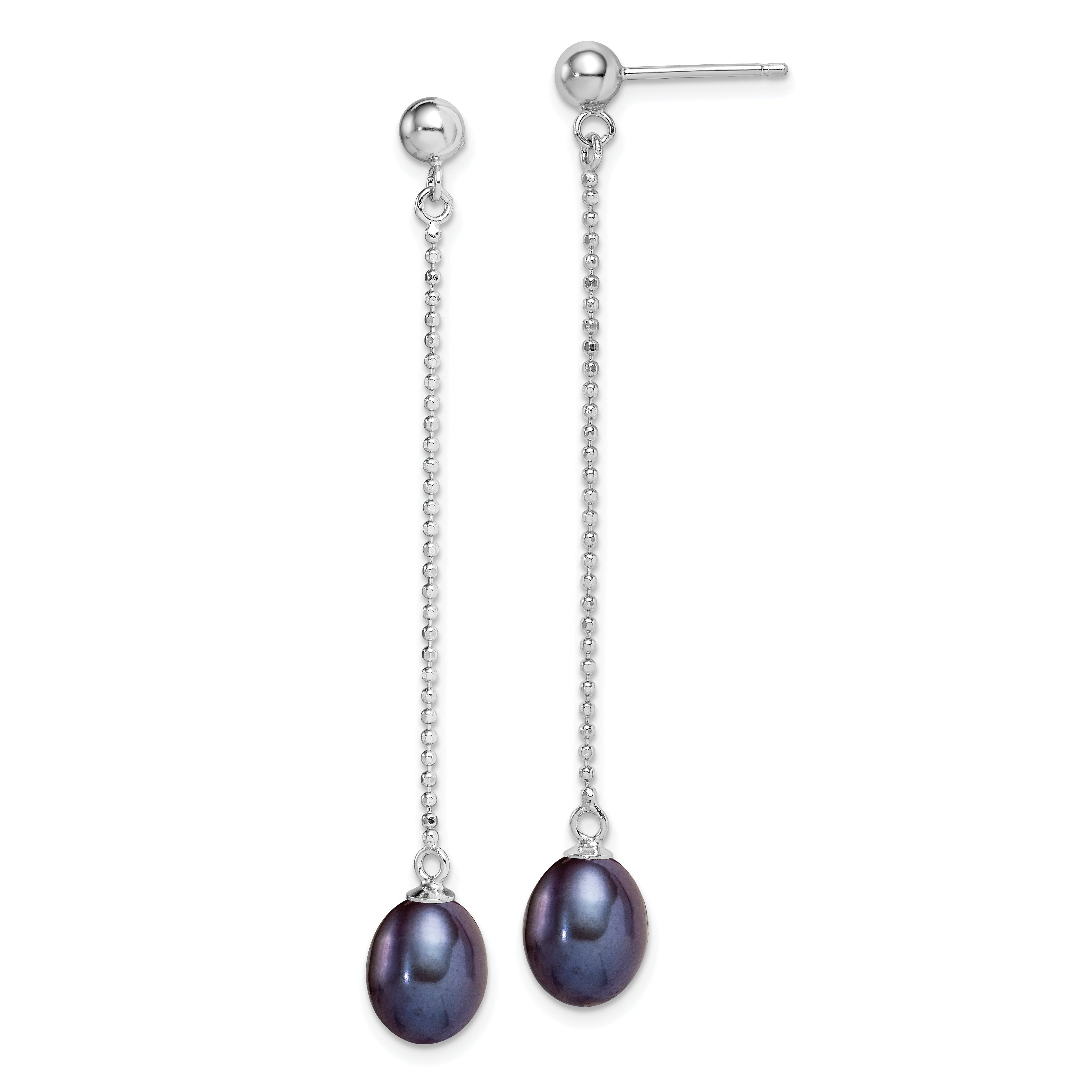 Sterling Silver Rhodium-plated Polished & Beaded 7-8mm Black Freshwater Cultured Pearl Post Dangle Earrings Main image