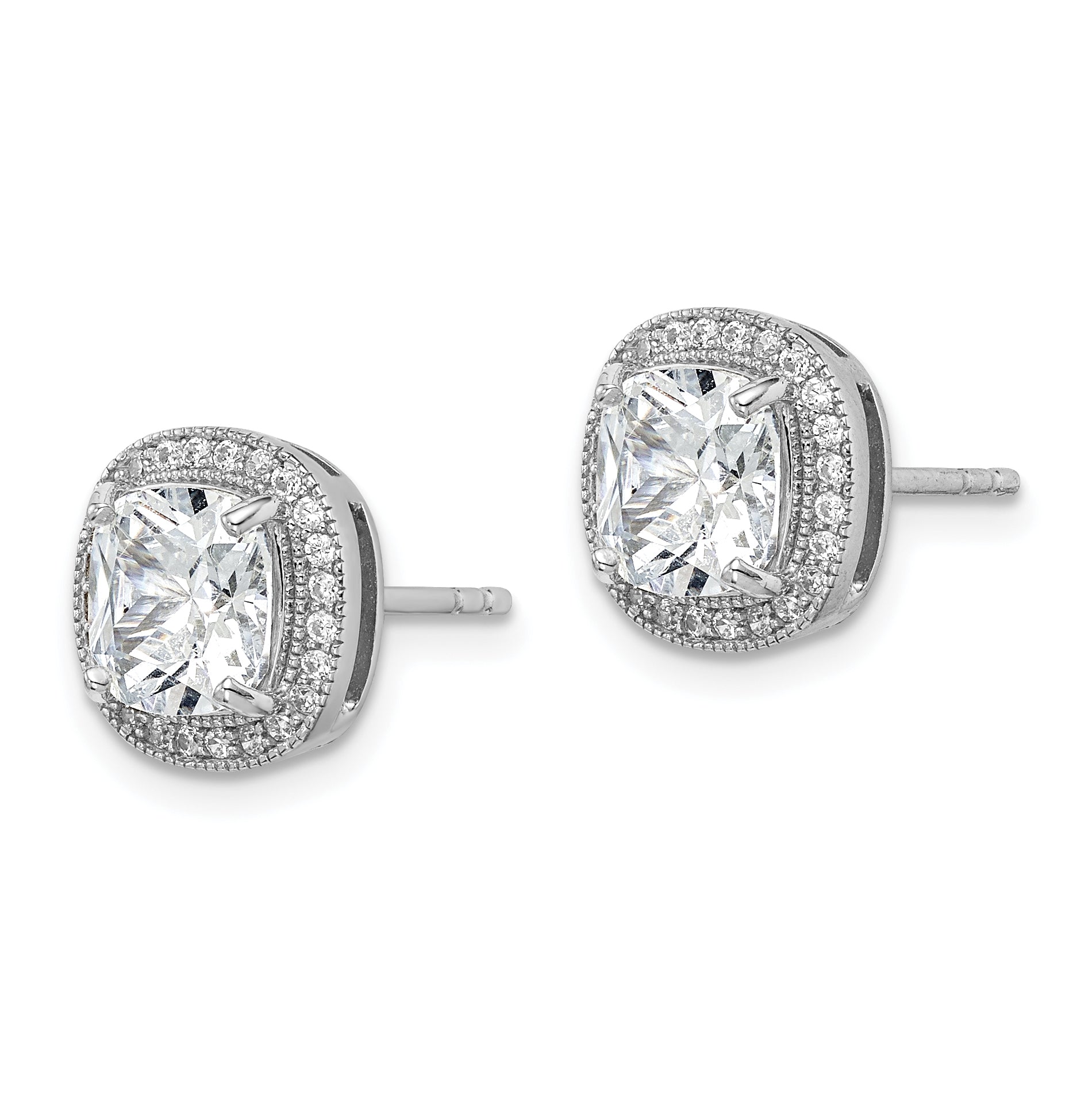 Sterling Silver RH-plated Polished & Textured 7mm CZ Halo Post Earrings Secondary image
