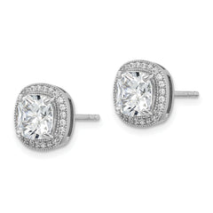 Sterling Silver RH-plated Polished & Textured 7mm CZ Halo Post Earrings