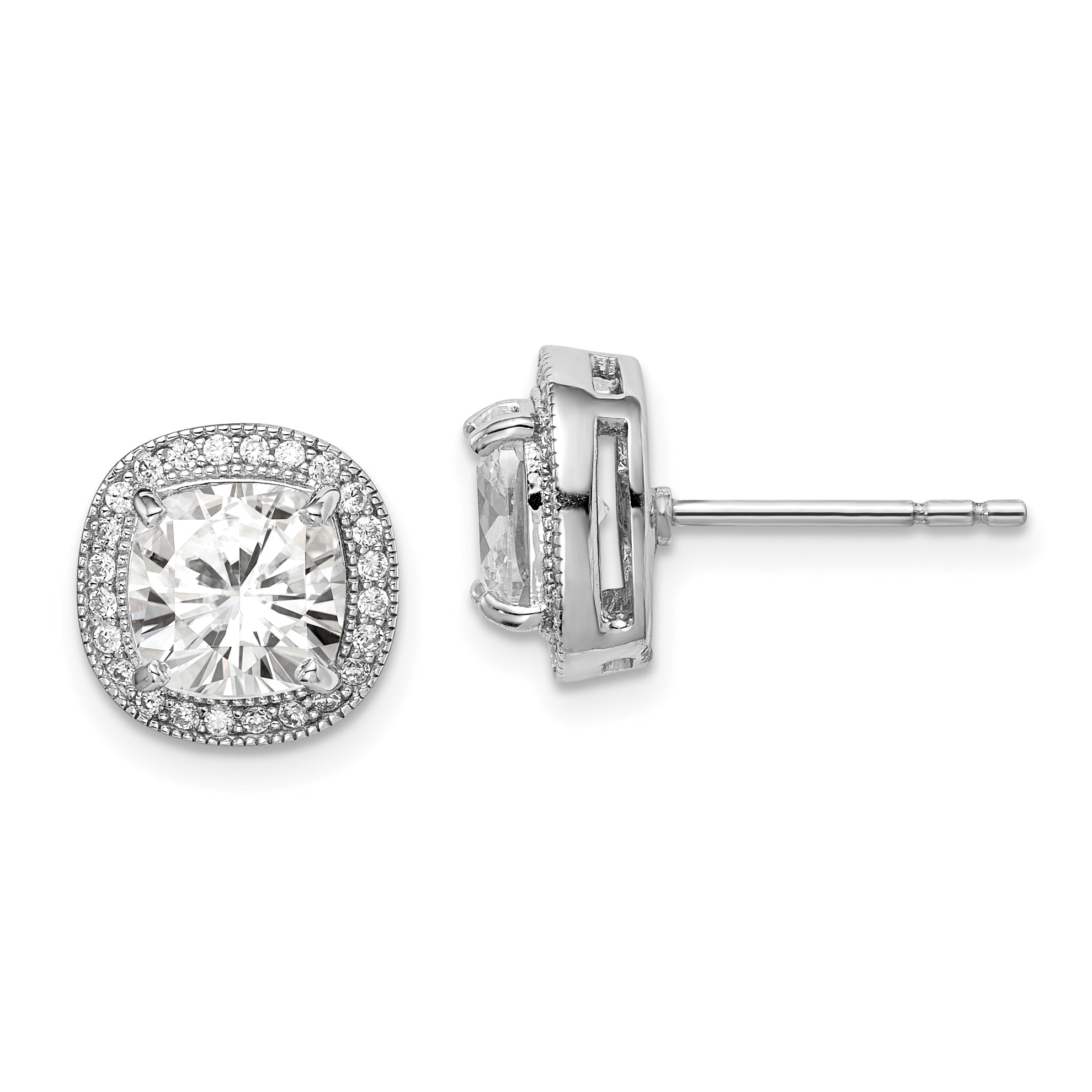 Sterling Silver RH-plated Polished & Textured 7mm CZ Halo Post Earrings Main image