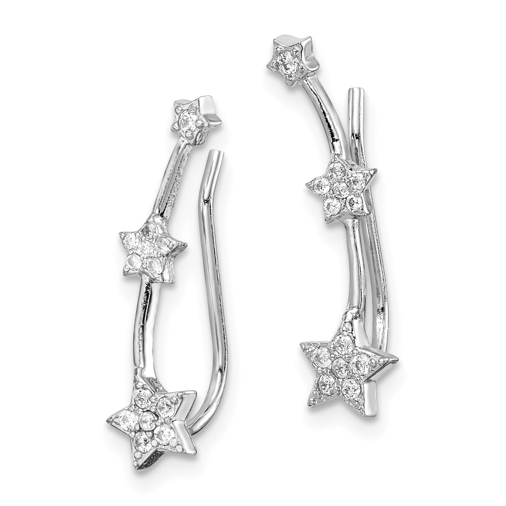 Sterling Silver Rhodium-plated Polished CZ Three Star Ear Climber Earrings Secondary image