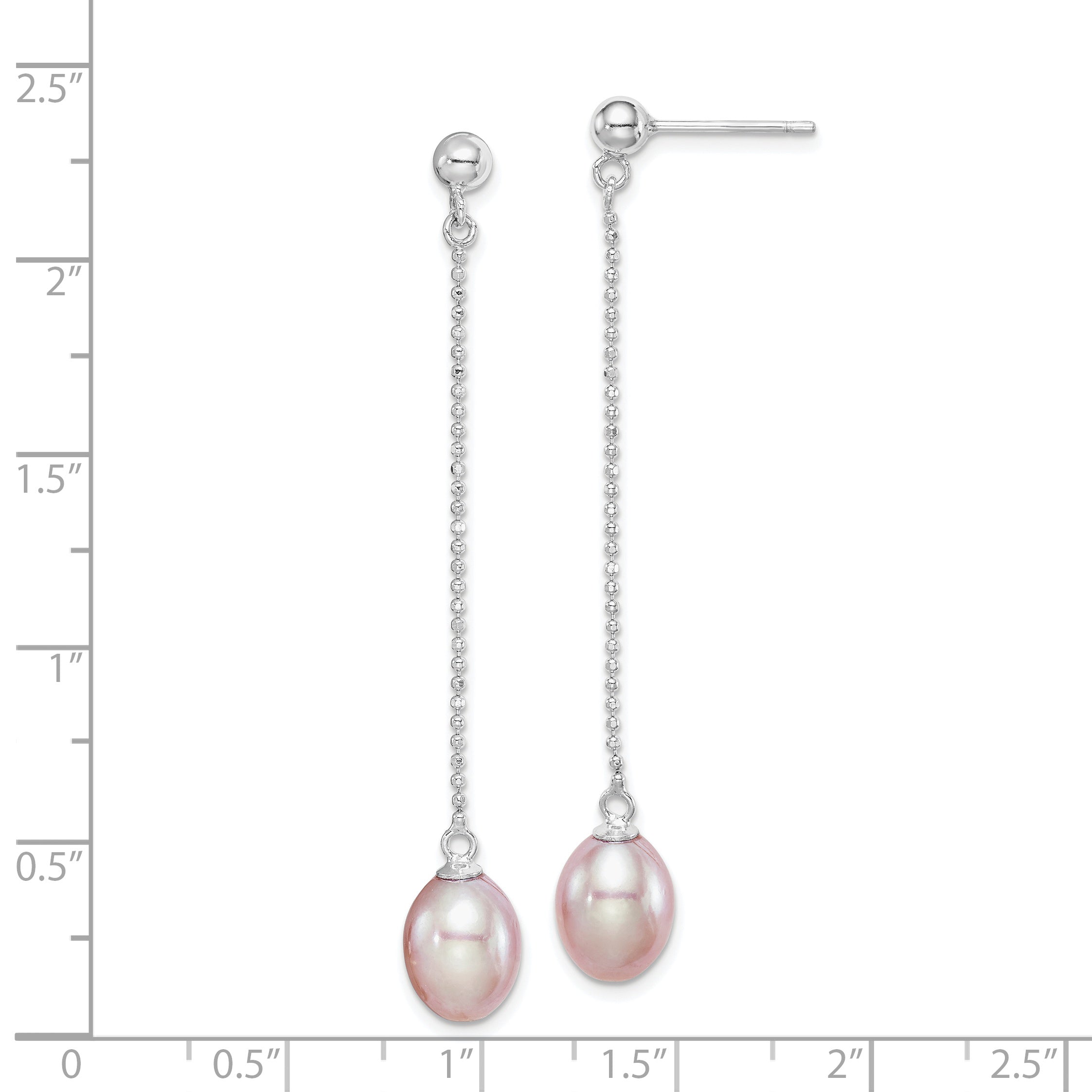 Sterling Silver Rhodium-plated Polished & Beaded Purple 7-8mm Freshwater Cultured Pearl Post Dangle Earrings