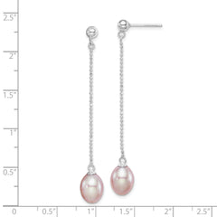 Sterling Silver Rhodium-plated Polished & Beaded Purple 7-8mm Freshwater Cultured Pearl Post Dangle Earrings