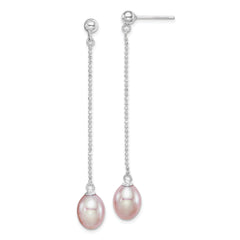 Sterling Silver Rhodium-plated Polished & Beaded Purple 7-8mm Freshwater Cultured Pearl Post Dangle Earrings