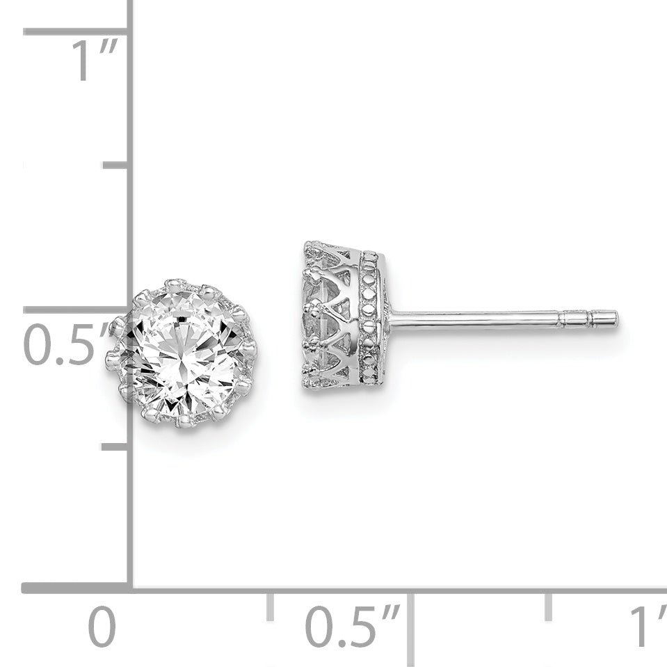 Sterling Silver RH-plated Polished & Textured 6mm Round CZ Stud Earrings Secondary image