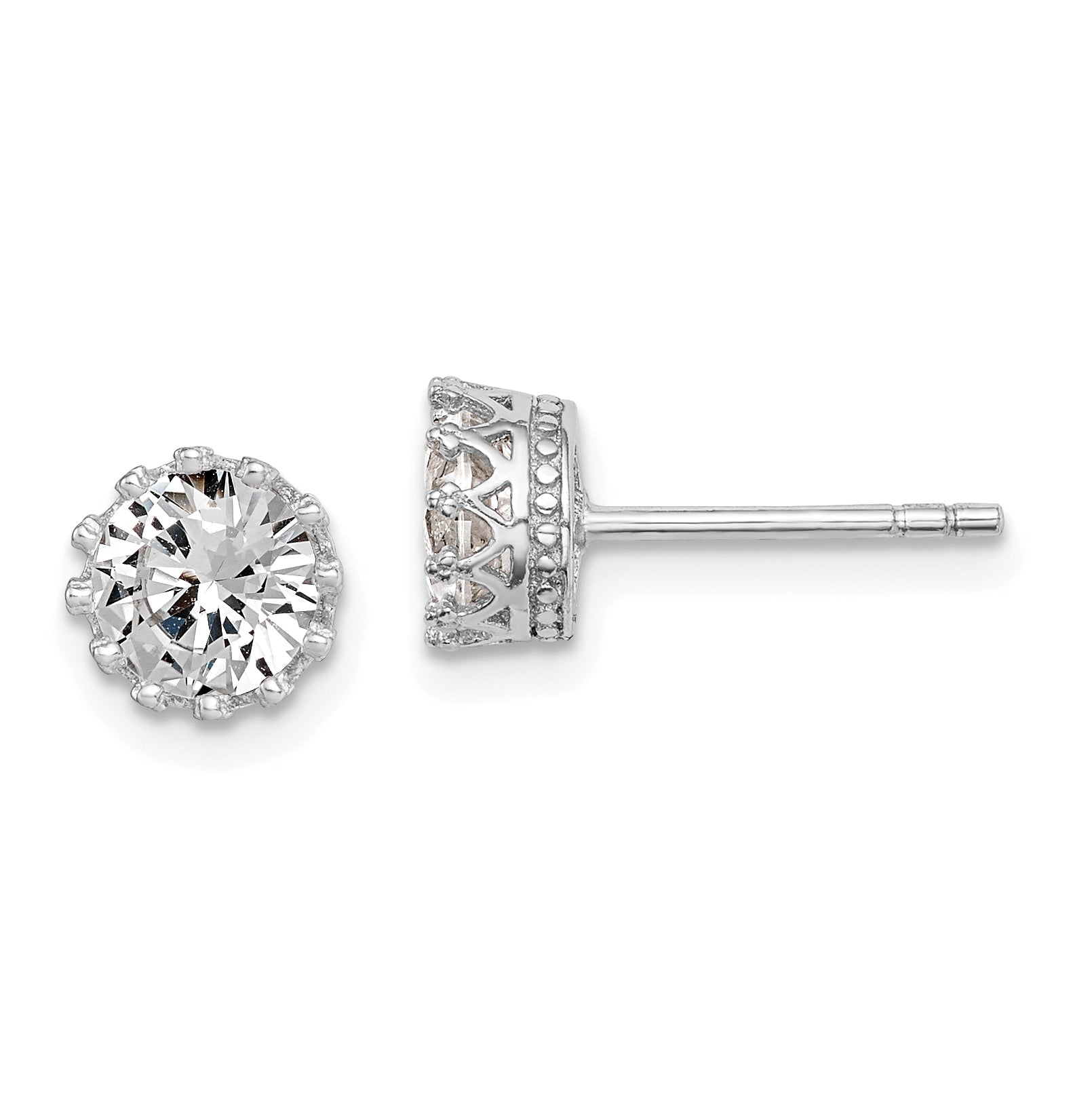 Sterling Silver RH-plated Polished & Textured 6mm Round CZ Stud Earrings Main image