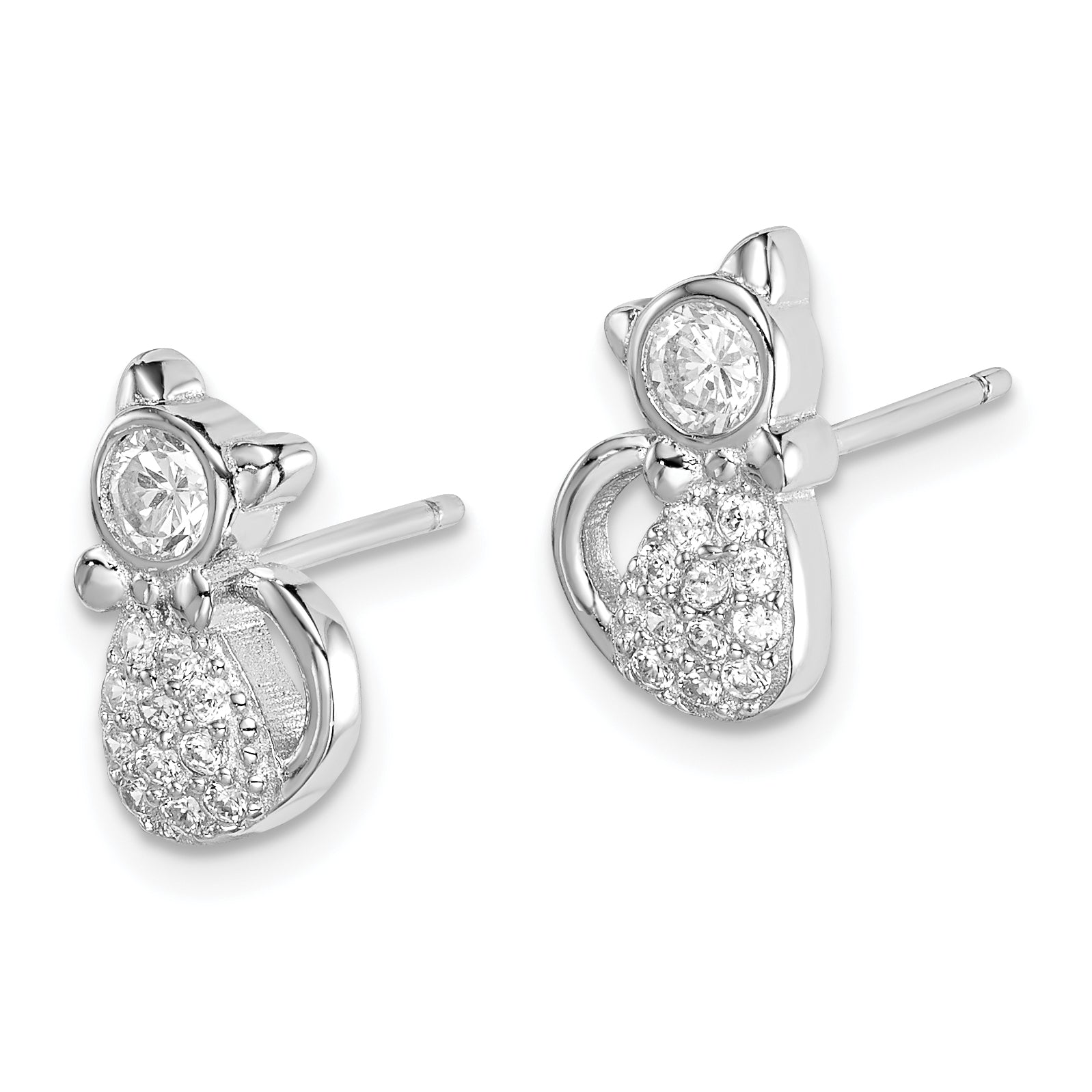Sterling Silver Rhodium-plated Polished CZ Cat Post Earrings Secondary image