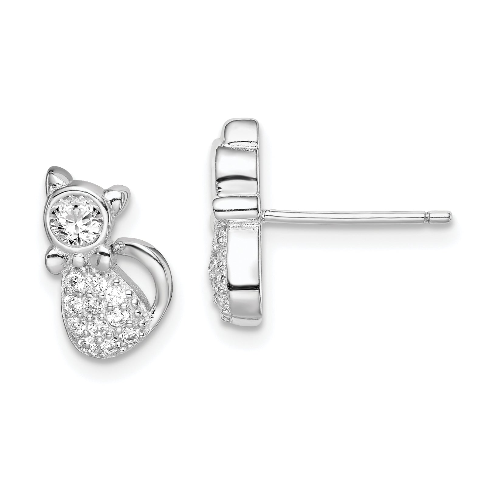 Sterling Silver Rhodium-plated Polished CZ Cat Post Earrings Main image