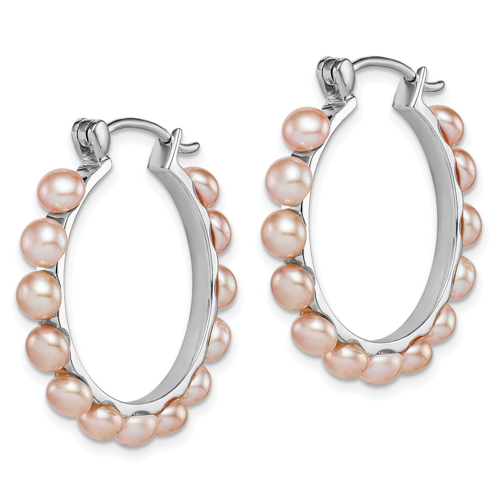 Sterling Silver Rhodium-plated Polished Pink 4-5mm Button Freshwater Cultured Pearl Round Hoop Earrings