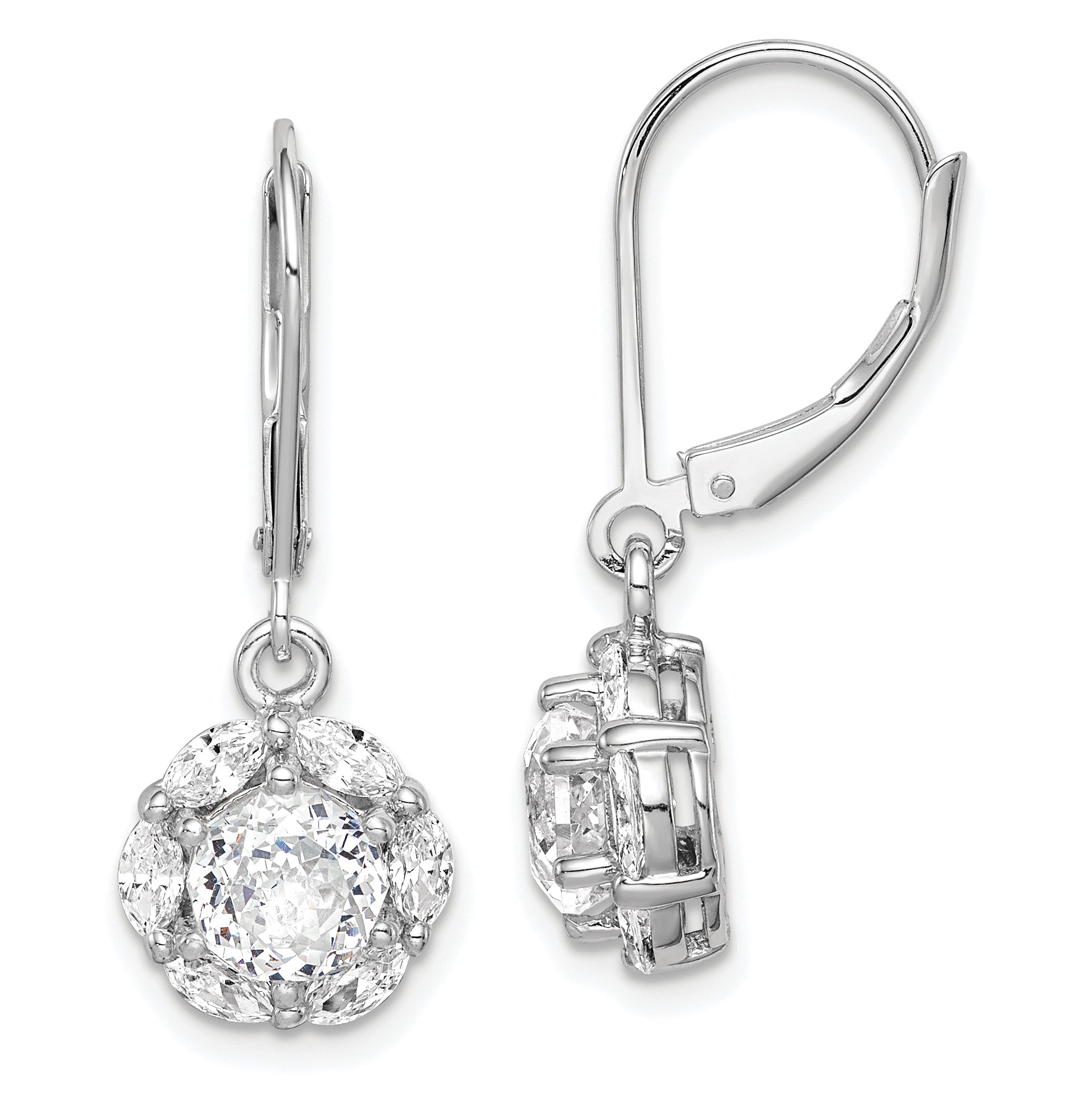 Sterling Silver Rhodium-plated Polished 6mm CZ Halo Leverback Earrings Main image