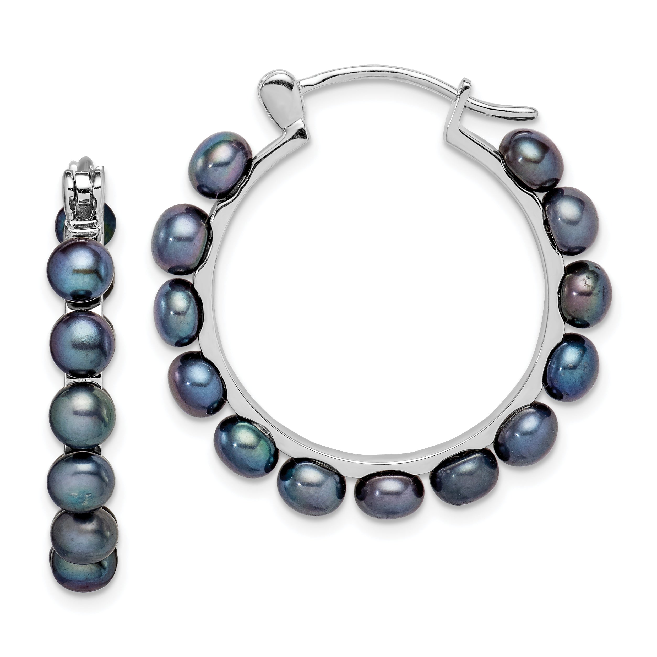 Sterling Silver Rhodium-plated Polished 4-5mm Black Freshwater Cultured Button Pearl Round Hoop Earrings Main image
