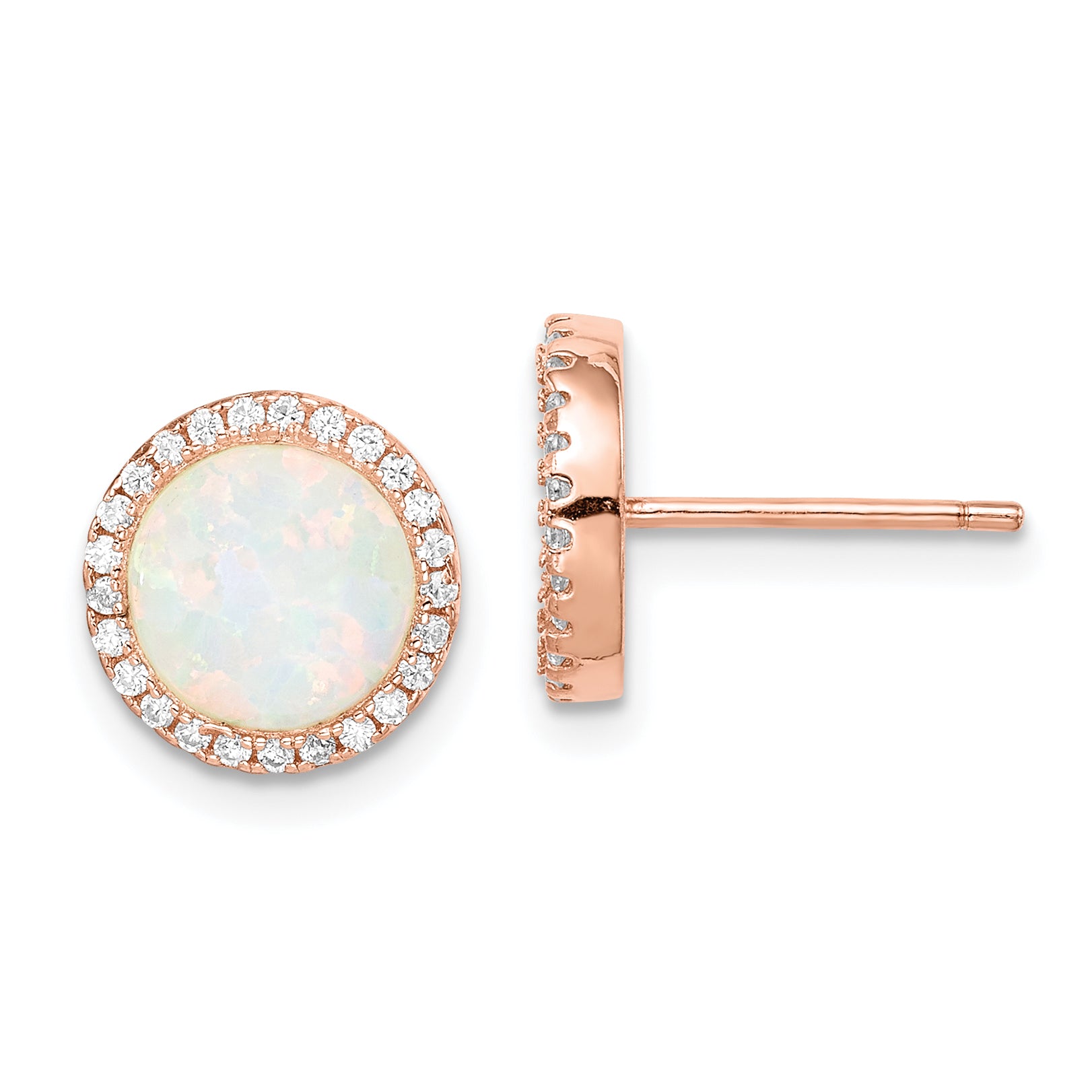 Sterling Silver Rose-Tone Created Opal & CZ Round Halo Post Earrings Main image