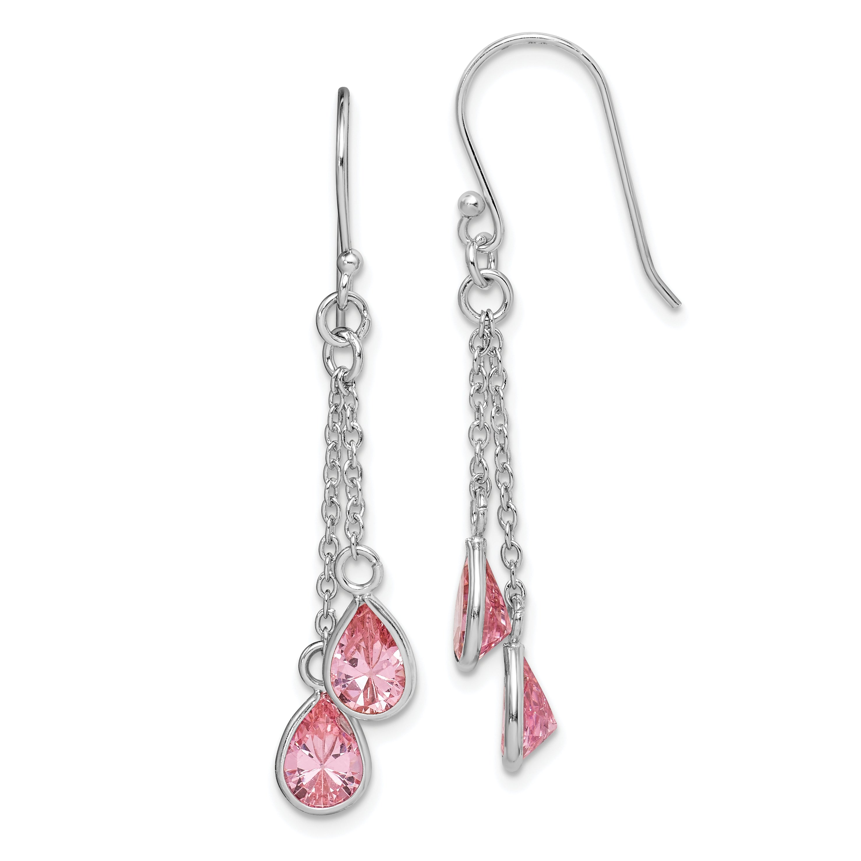 Sterling Silver RH-plated Multi-Strand Pink CZ Teardrop Dangle Earrings Main image