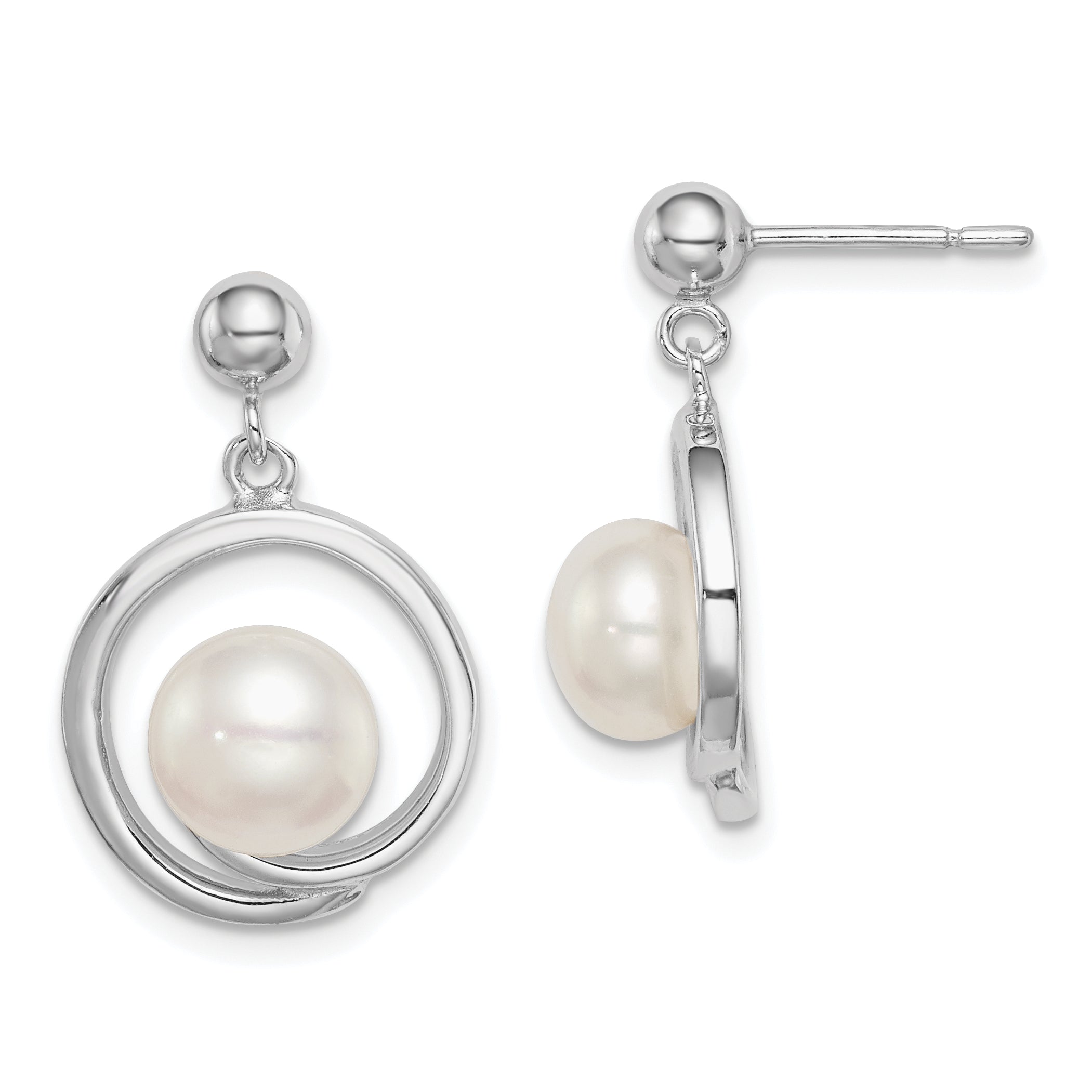 Sterling Silver Rhodium-plated 7-8mm White Button FWC Pearl Earrings Main image