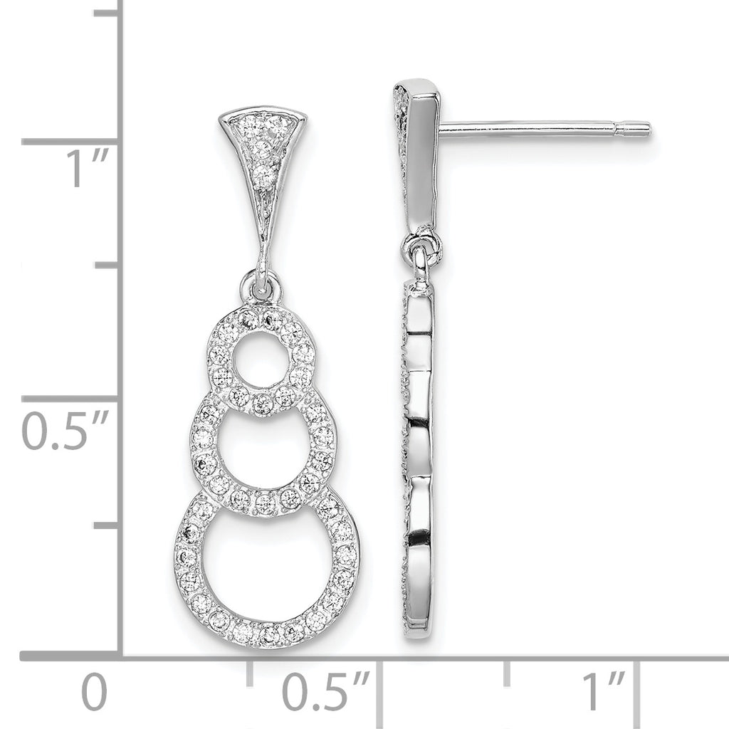 Sterling Silver Rhodium-plated CZ 3-Circles Dangle Post Earrings