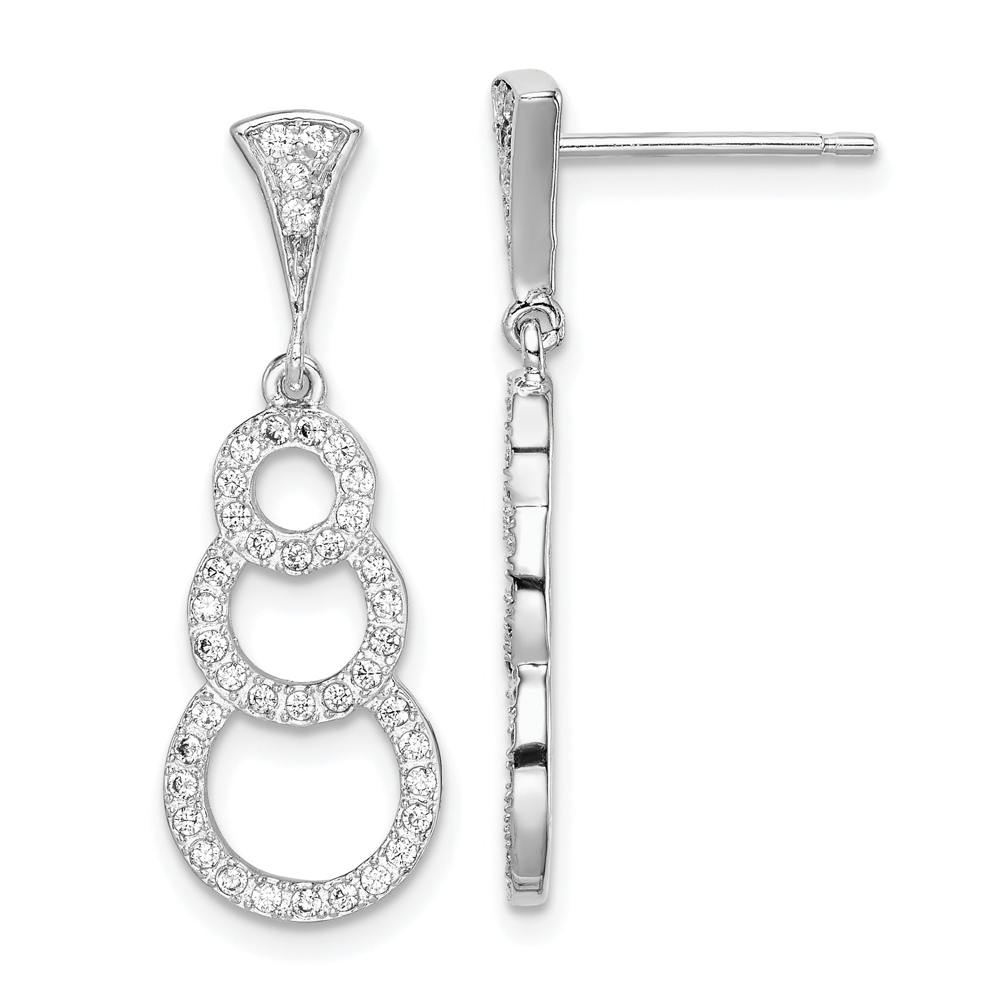 Sterling Silver Rhodium-plated CZ 3-Circles Dangle Post Earrings