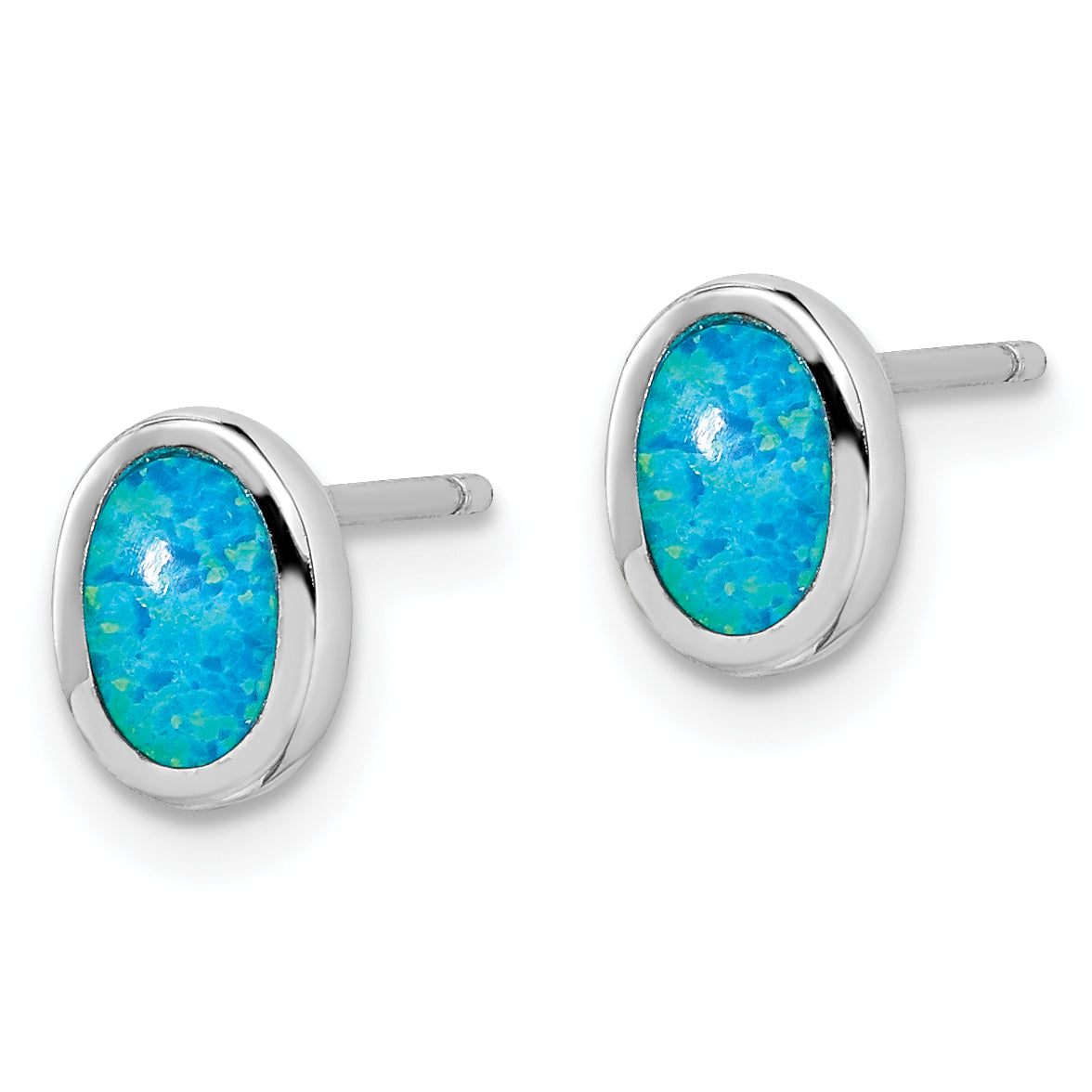 Sterling Silver RH-plated Polished Blue Created Opal Oval Stud Earrings Secondary image