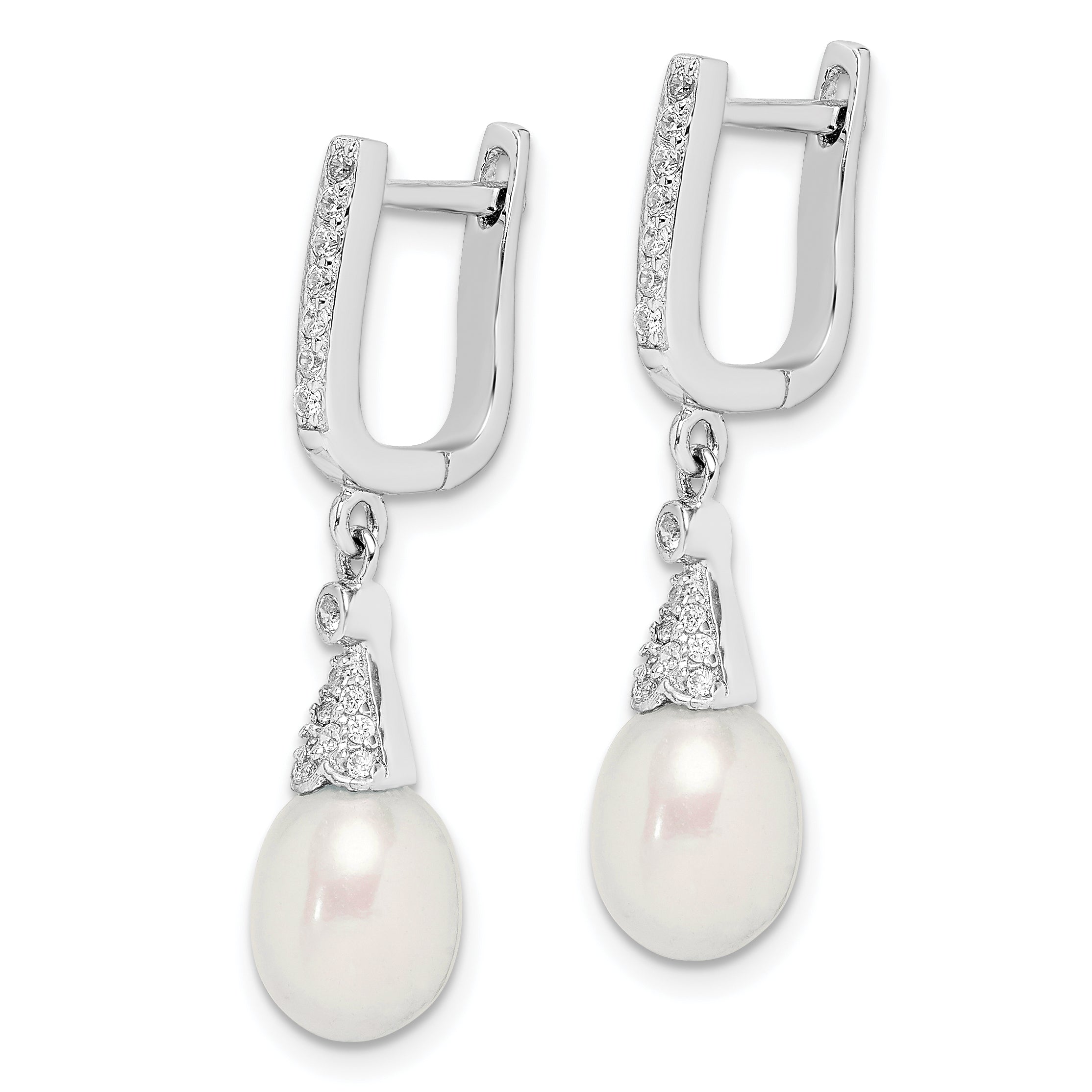 Sterling Silver Rhodium-plated 7-8mm White Rice FWC Pearl CZ Earrings Secondary image