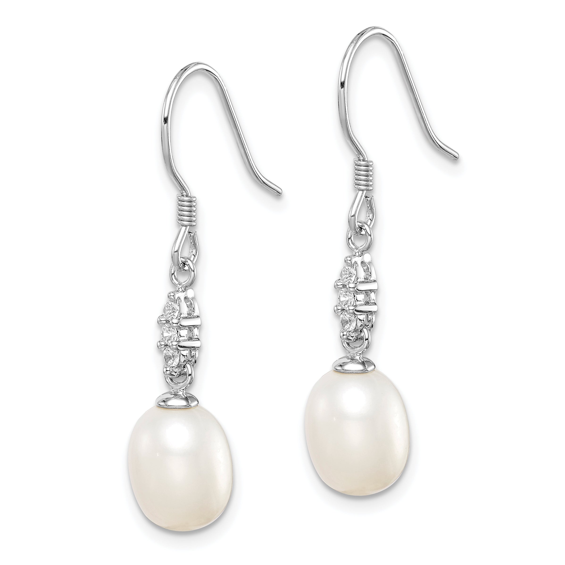 Sterling Silver Rhodium-plated Polished White 7-8mm Freshwater Cultured Pearl & CZ Dangle Earrings Secondary image