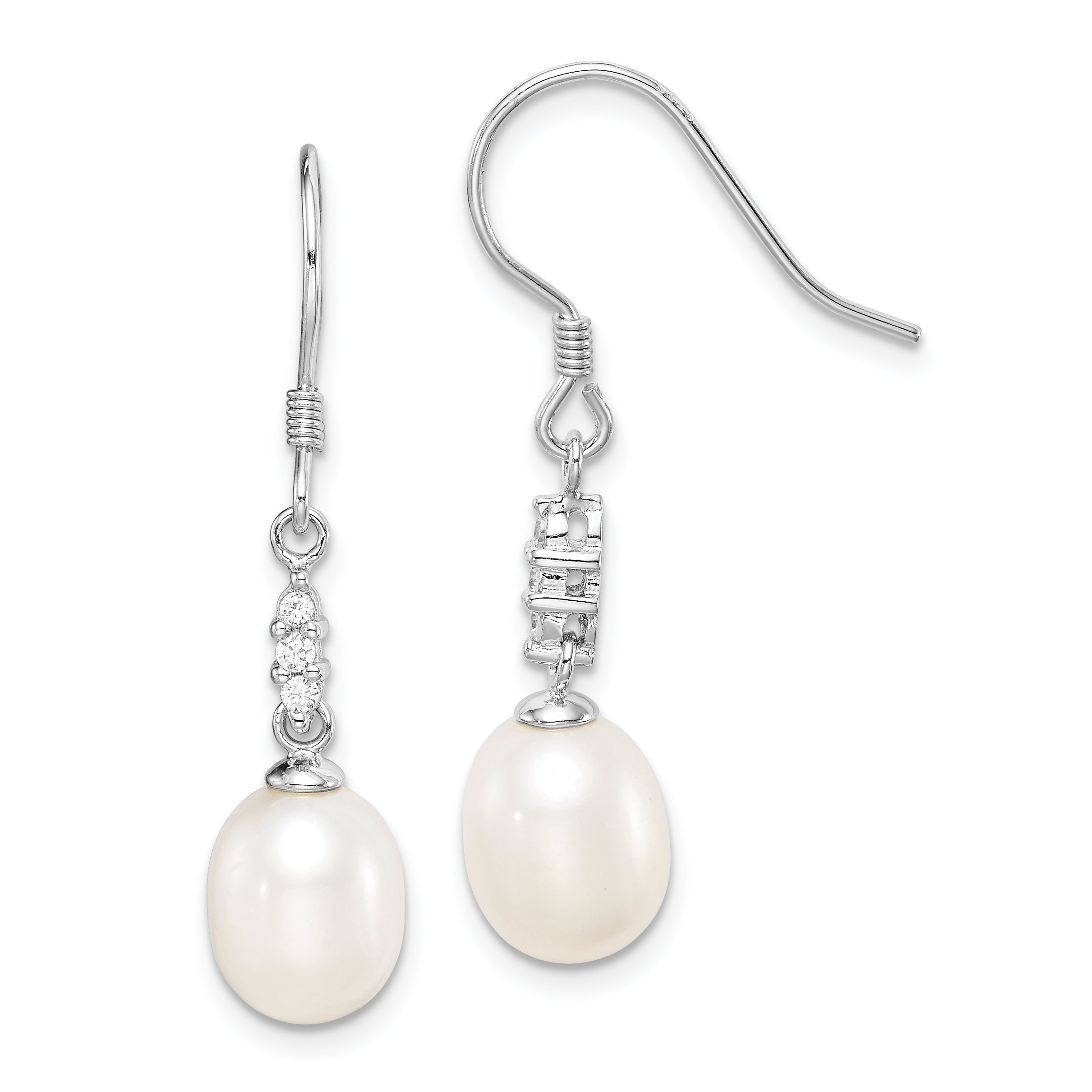Sterling Silver Rhodium-plated Polished White 7-8mm Freshwater Cultured Pearl & CZ Dangle Earrings Main image