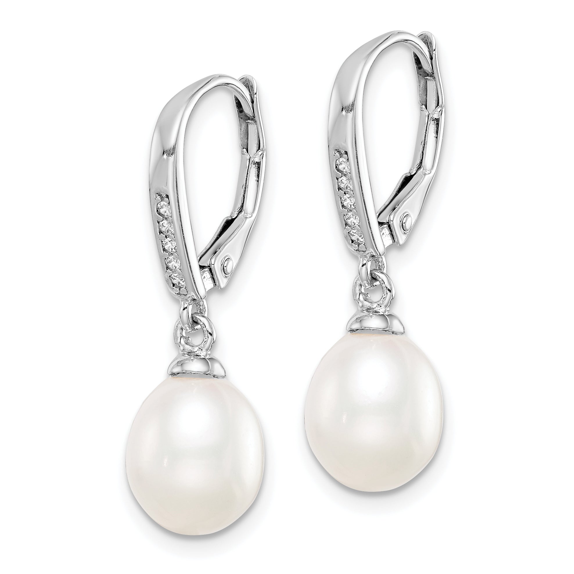 Sterling Silver Rhodium-plated Polished White 7-8mm Freshwater Cultured Pearl & CZ Leverback Dangle Earrings Secondary image