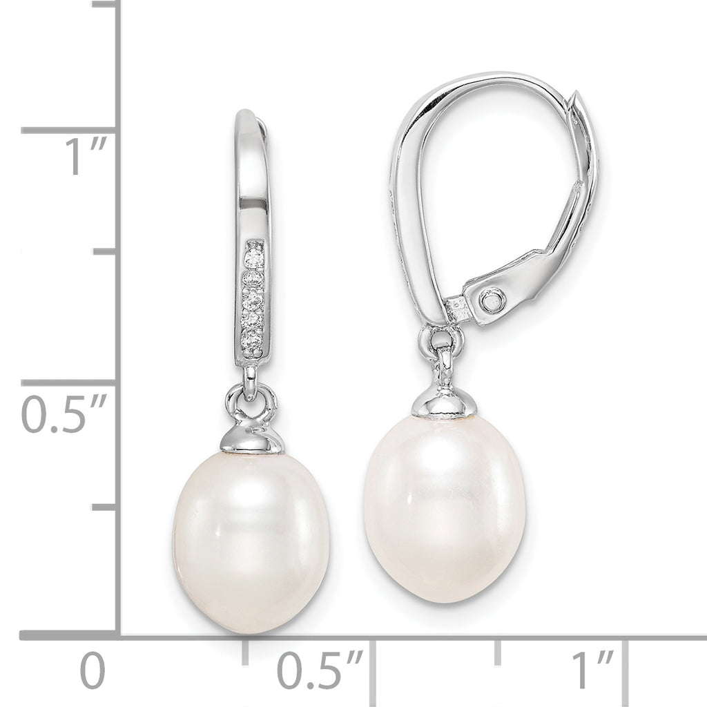 Sterling Silver Rhodium-plated Polished White 7-8mm Freshwater Cultured Pearl & CZ Leverback Dangle Earrings