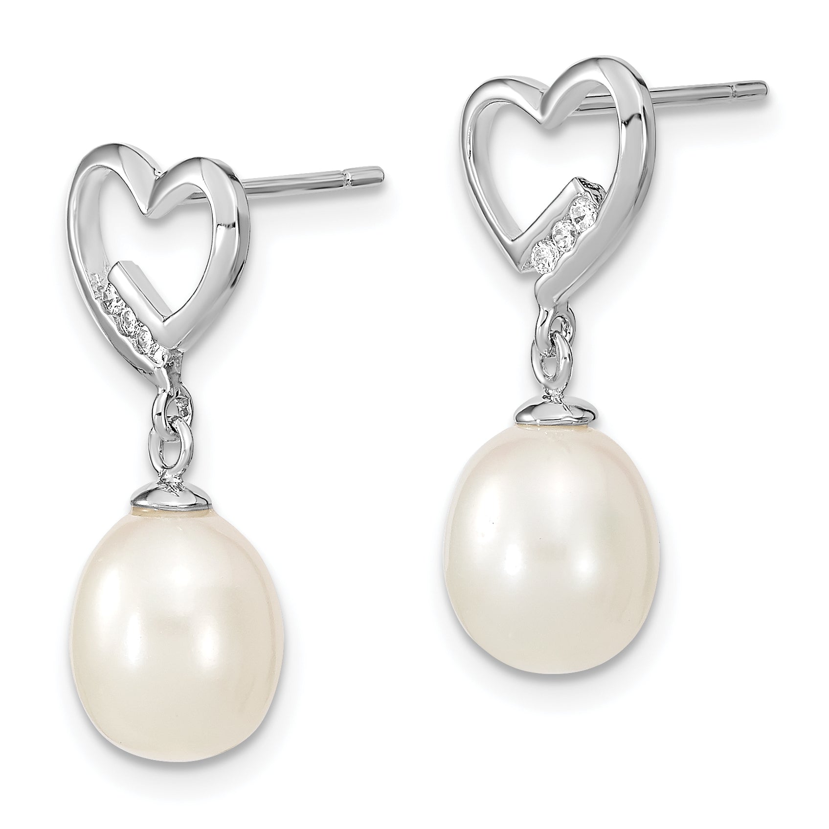Sterling Silver Rhodium-plated 7-8mm Rice FWC Pearl CZ Heart Earrings Secondary image