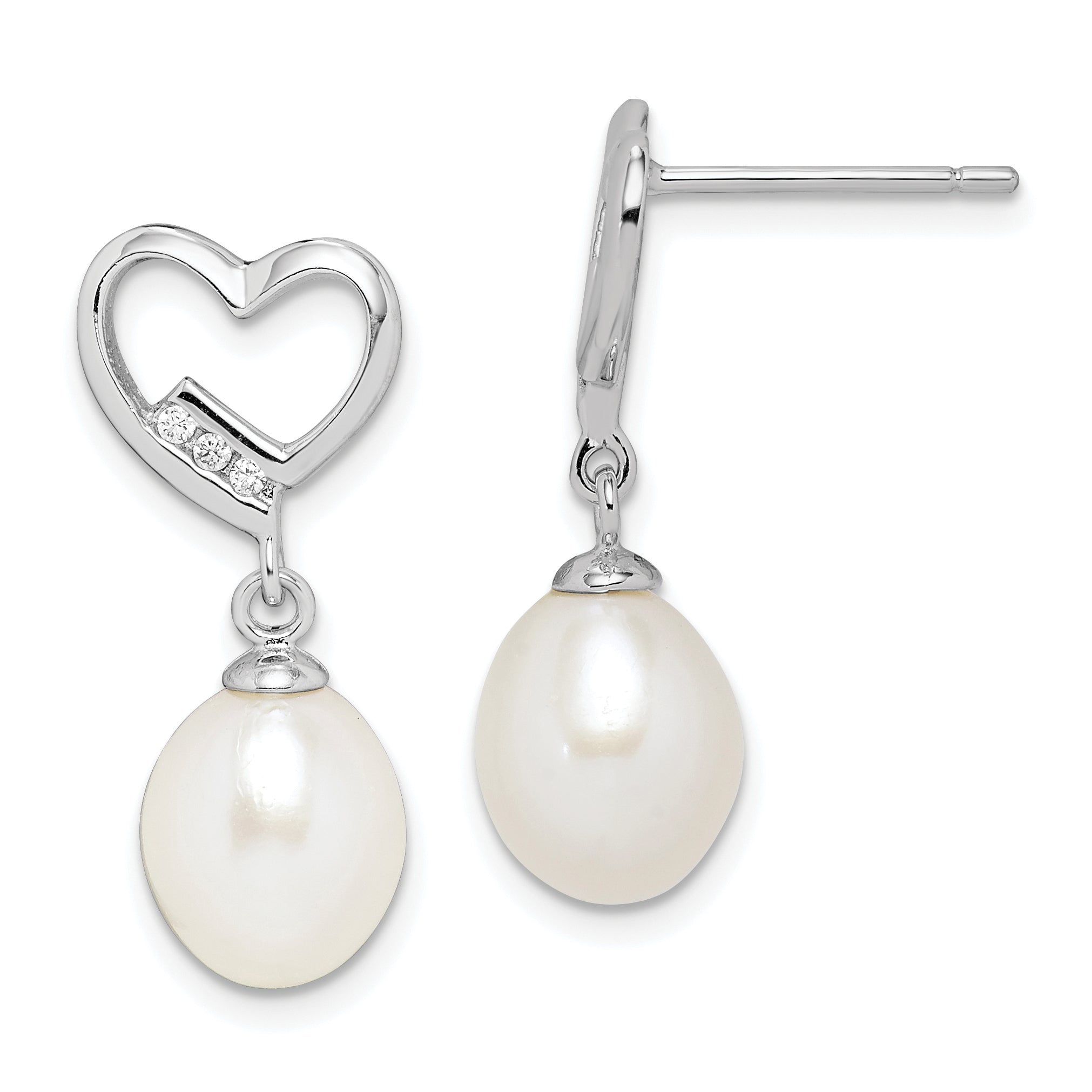 Sterling Silver Rhodium-plated 7-8mm Rice FWC Pearl CZ Heart Earrings Main image