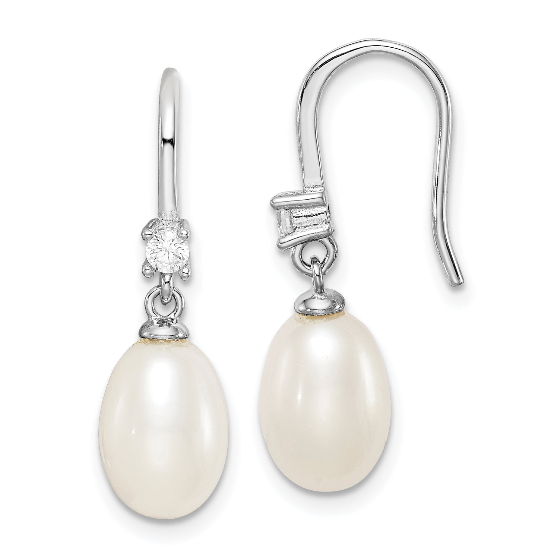 Sterling Silver Rhodium-plated Polished White 7-8mm Freshwater Cultured Pearl & CZ Dangle Earrings Main image