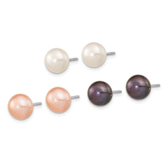 Sterling Silver Rh-pl 8-9mm Set of 3 Wt/BK/Pink Button FWC Pearl Earrings