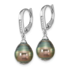 Sterling Silver Rhodium-plated Polished 9-10mm Tahitian Saltwater Pearl & CZ Leverback Dangle Earrings