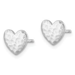 Sterling Silver Rhodium-plated Polished Hammered Heart Post Earrings